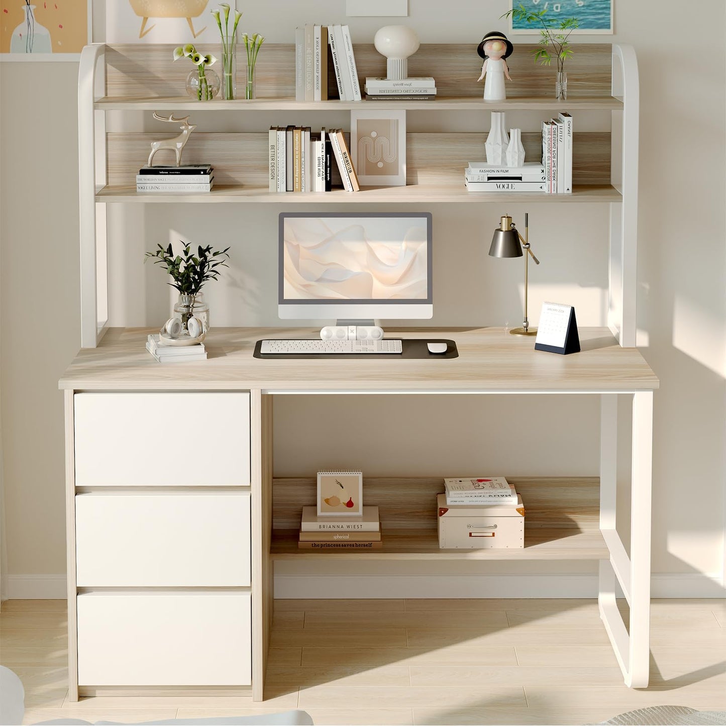 MaverickFurni Computer Desk with Hutch, 47 Inch Small Desk with 3 Drawers for Bedroom, Study Writing Desk with Shelves for Small Spaces, Adjustable Feet, White and Walnut