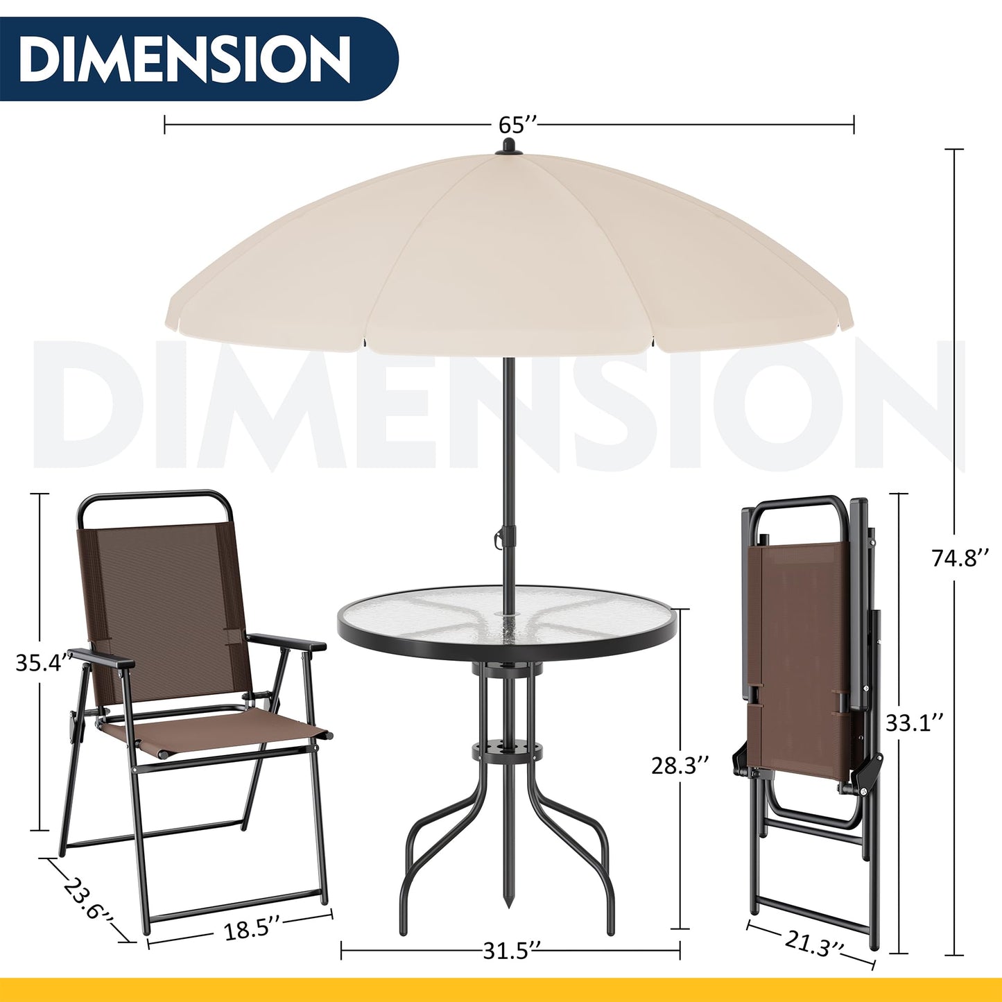 Shintenchi 6 Piece Patio Dining Set with Umbrella, Outdoor Furniture Set with 4 Folding Chairs and Tempered Glass Top Dining Table fot Lawn Backyard Garden Porch Black