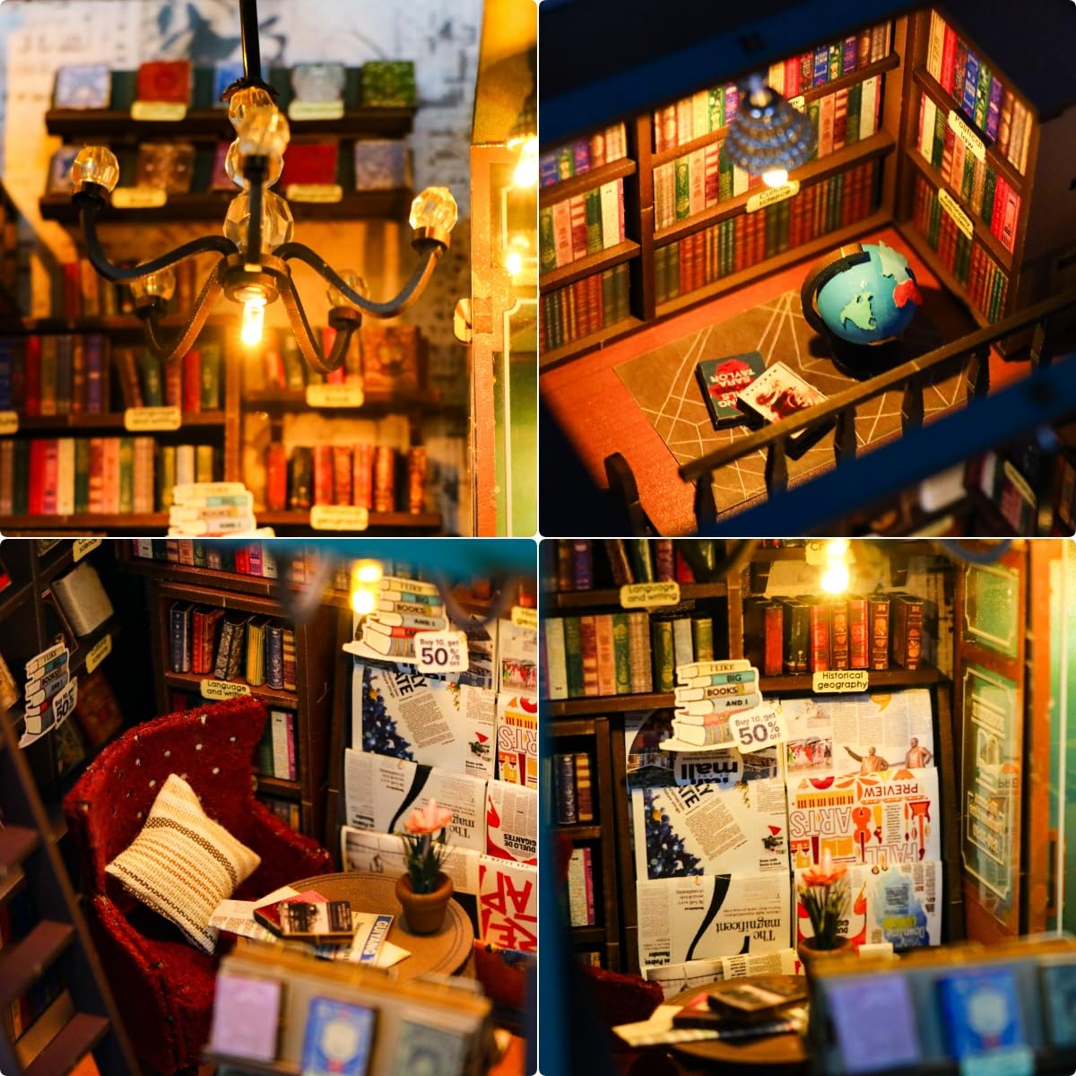 CRIOLPO DIY Book Nook Kit, Miniature House Model, Charming Bookshelf Scene, Wooden Dolls House, Bookshelf Miniature Scenes, for Hobbyists and Decor - Soul Bookstore
