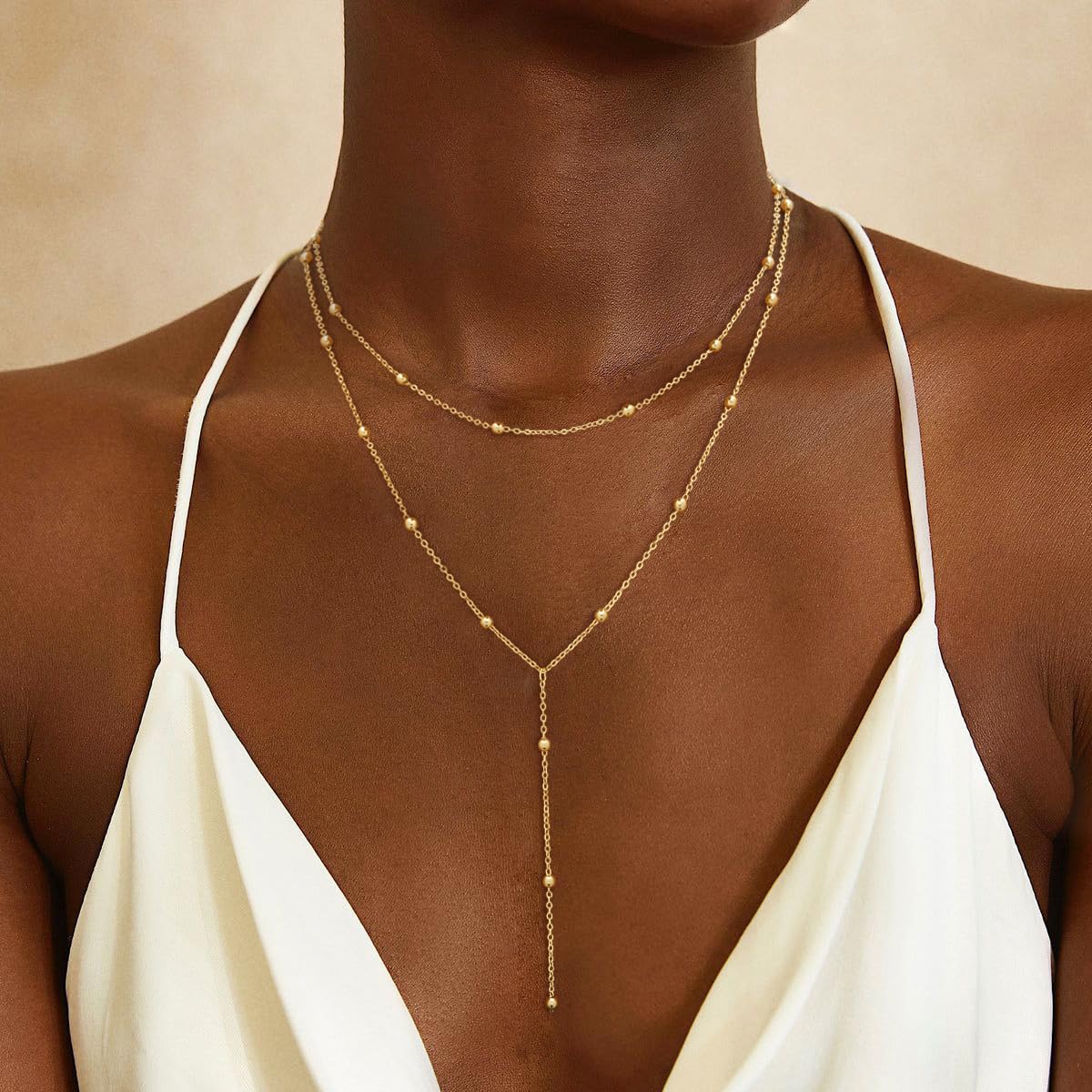 JIKASI Lariat Gold Necklaces for Women Trendy Dainty Long Necklace 14k Gold Plated Layered Drop Rosary Beaded Chain Necklaces Y-Shaped Pendant Necklace Simple Gold Jewelry Gifts