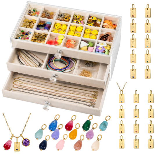175 Pcs DIY Jewelry Making Kit with 26 Gold Alphabet Charms, 12 Birthstone Charms,12Natural Water Drop Stones, Necklace Bracelet Pendants, Brooches, Jewelry Box & Complete Craft Accessories for Girls Women, Gift for Mother’s Day Birthday Christmas