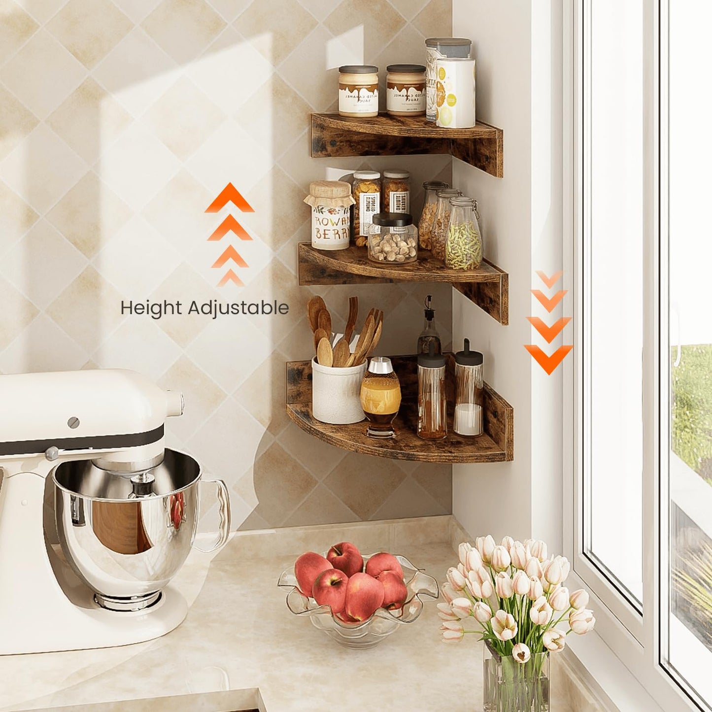 Homode Corner Shelf Wall Mount, Set of 3 Floating Corner Shelves with Cord Hole, 3 Tier Wood Wall Display Shelf, Storage for Bathroom Living Room Kitchen Bedroom, Rustic Brown and Black