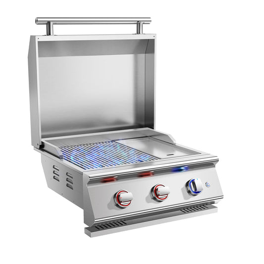 26 Inch BBQ Head Griddle Grill Combo for Outdoor Kitchen, Liquid Propane Bulit-in Grills for Barbecue Island, 3-Burner, 3 * 14,000 BTU, Premium 304 Stainless Steel, Convertible to Natural Gas