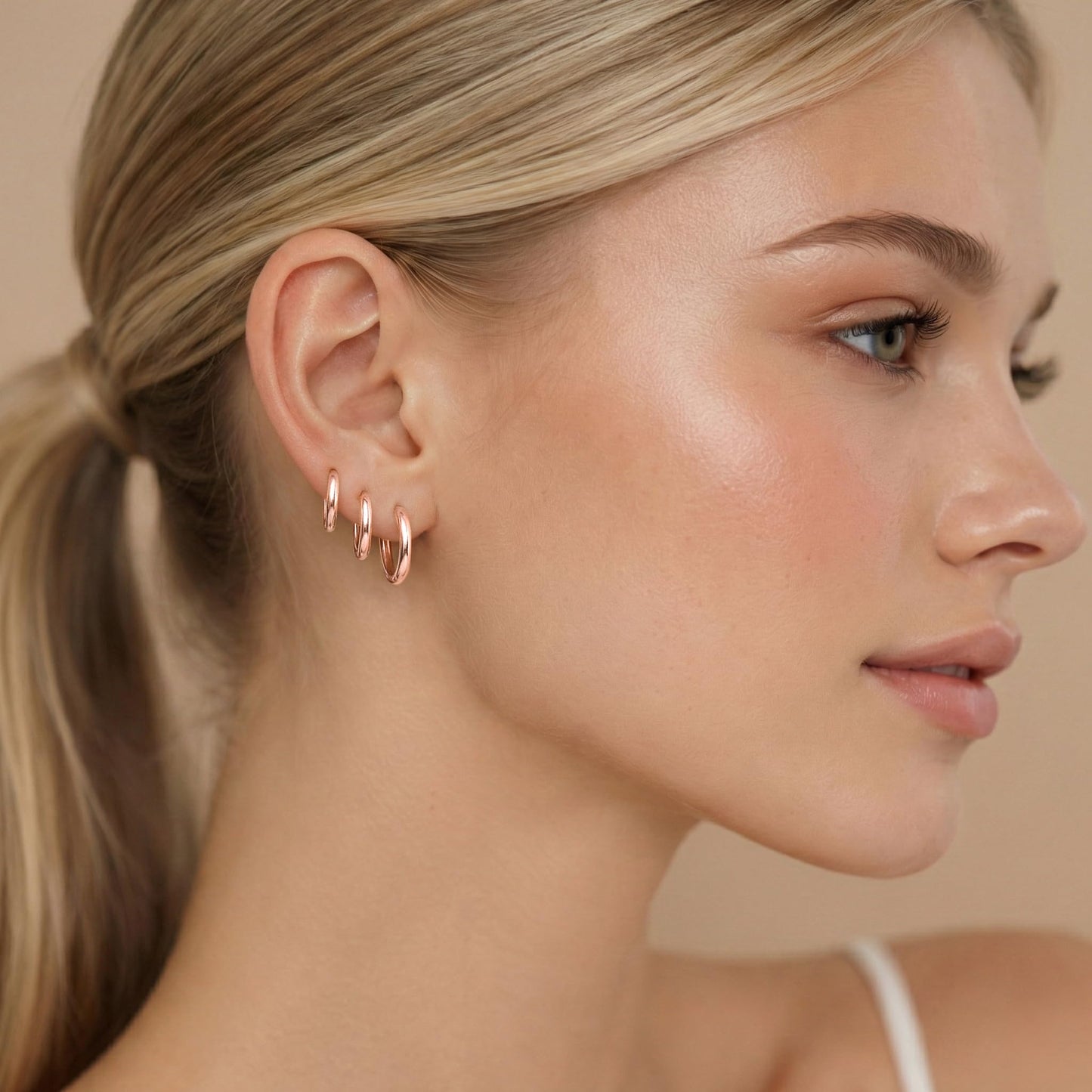Gokeey Small Rose Gold Earrings Set for Women 14K Gold Plated Hypoallergenic Lightweight Huggie Hoop Earrings for Sensitive Ears Everyday Earrings for Cartilage Piercings (6mm/8mm/10mm/12mm, Rose Gold)