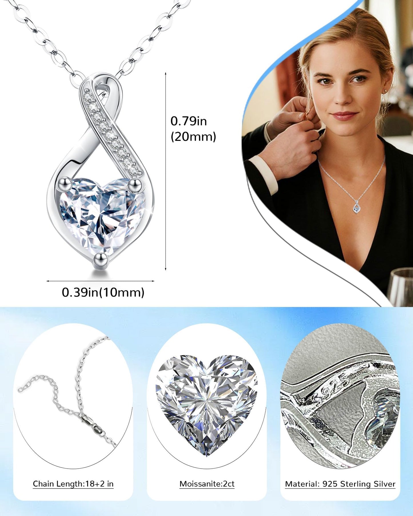2 Carat Moissanite Necklace 925 Sterling Silver Jewelry AAAAA Cubic Zirconia Infinity Heart Pendant Necklace Best Gifts for Mom Women Girlfriend Grandma Friend Lover Her Wedding Birthday Anniversary