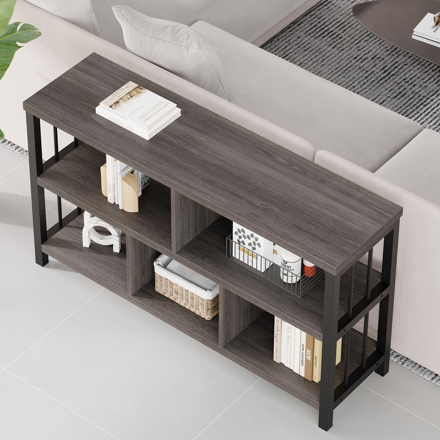 IBF Industrial 5 Cube Storage Organizer Bookshelf, Rustic Low Horizontal Book Shelf, Metal and Wood Cube Bookcase for Bedroom, Modern Wide Cubby Shelf for Living Room Home Office, Dark Grey Oak, 47 In