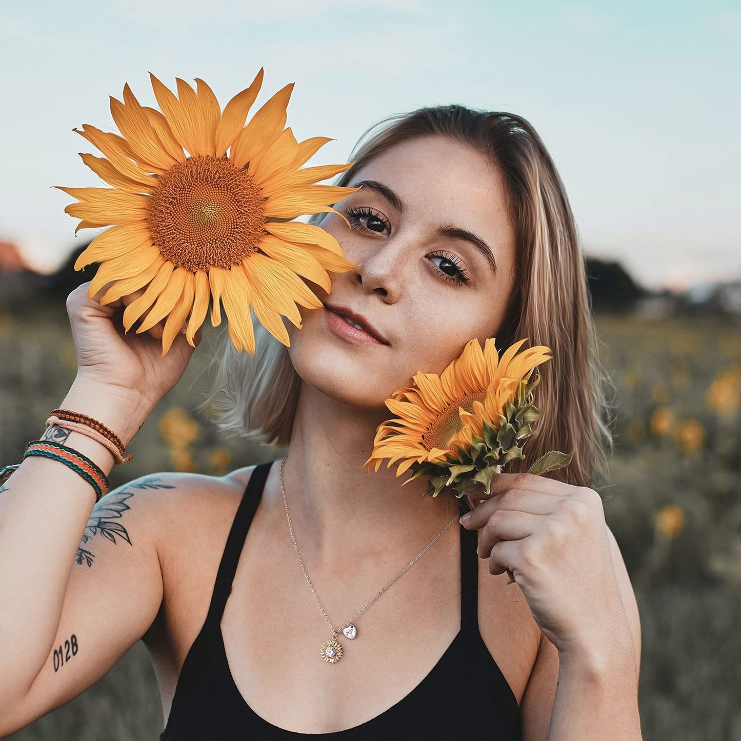 MONOZO Initial Sunflower Necklace for Women Trendy, 14k Gold Plated Sunflower Necklace Pendant CZ Heart Letter Initial Necklace You Are My Sunshine Gifts Sunflower Jewelry N