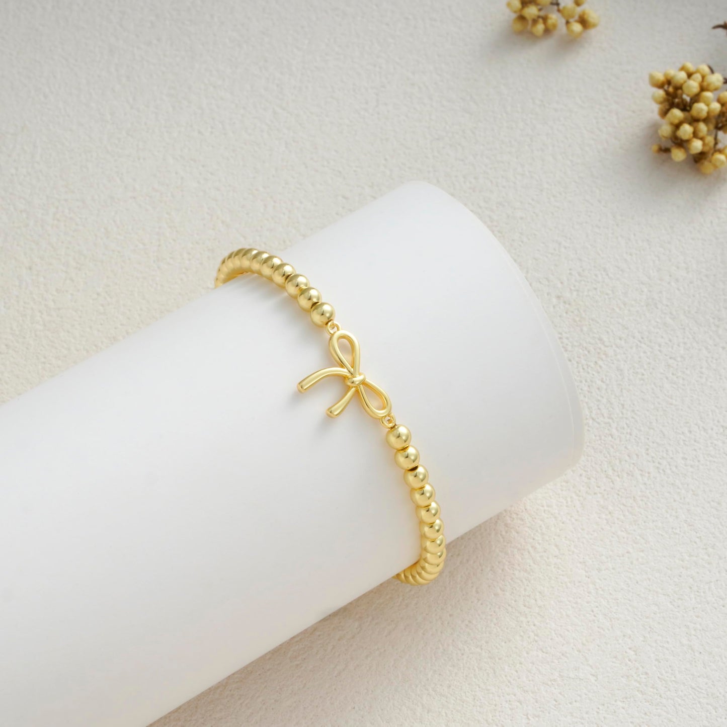 Beaded Bracelets for Women 14K Silver Gold Plated Stretch Handmade Ball Bracelets Cute Charm Bracelet Dainty Stackable Cross Heart Bow Wave CZ Circle Trendy Jewelry Easter Gifts (bow)