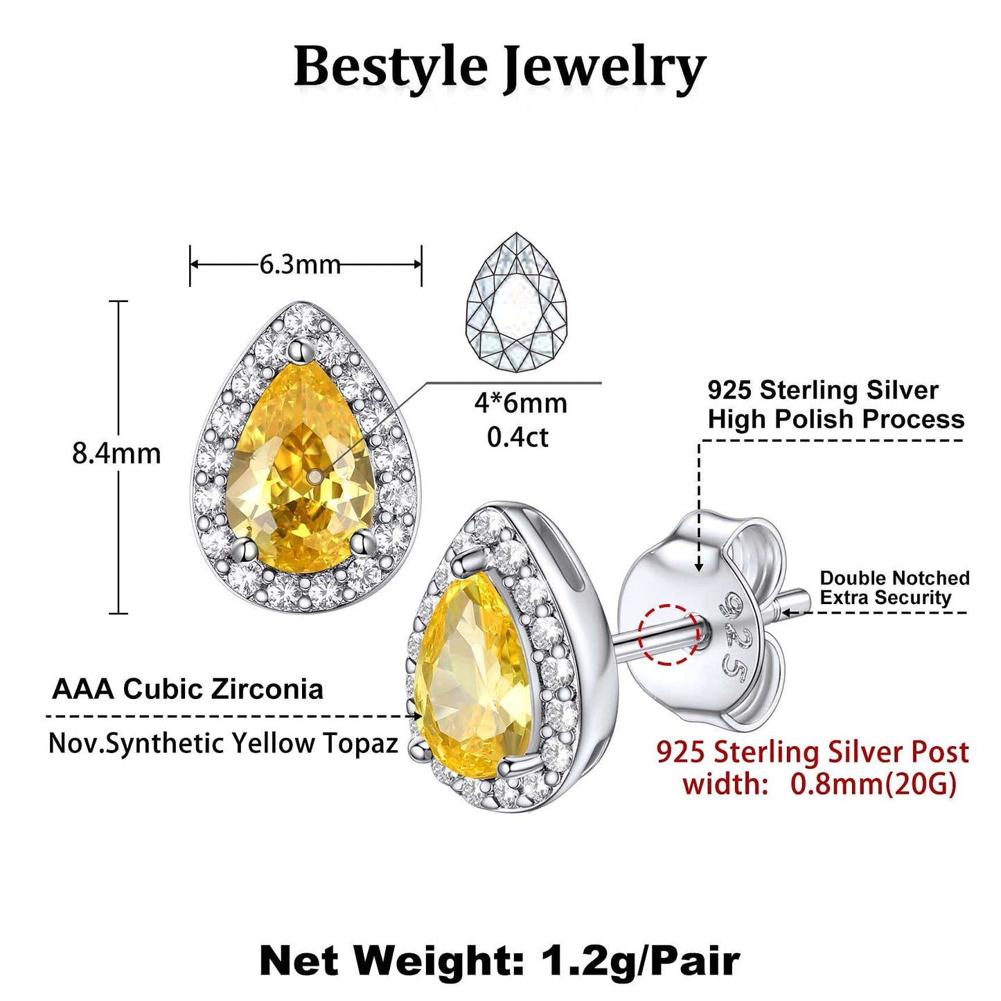Bestyle Classic S925 Sterling Silver Love Teardrop Earrings, Dainty November Critine Crystals Birthstone Studs, Anniversary/Mother’s Day/Birthday Jewelry Gifts for Women Mom/Wife/Sister/Best Friend