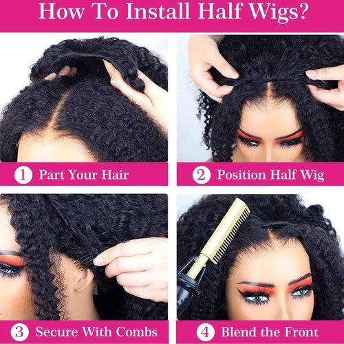 Kinky Curly Half Wig Human Hair 200% Density 3 In 1 Seamless Flip Over Half Wigs Human Hair Glueless Wear and Go Beginner Friendly Kinky Curly Wig Human Hair Drawstring Headband Wig for Women 18 Inch