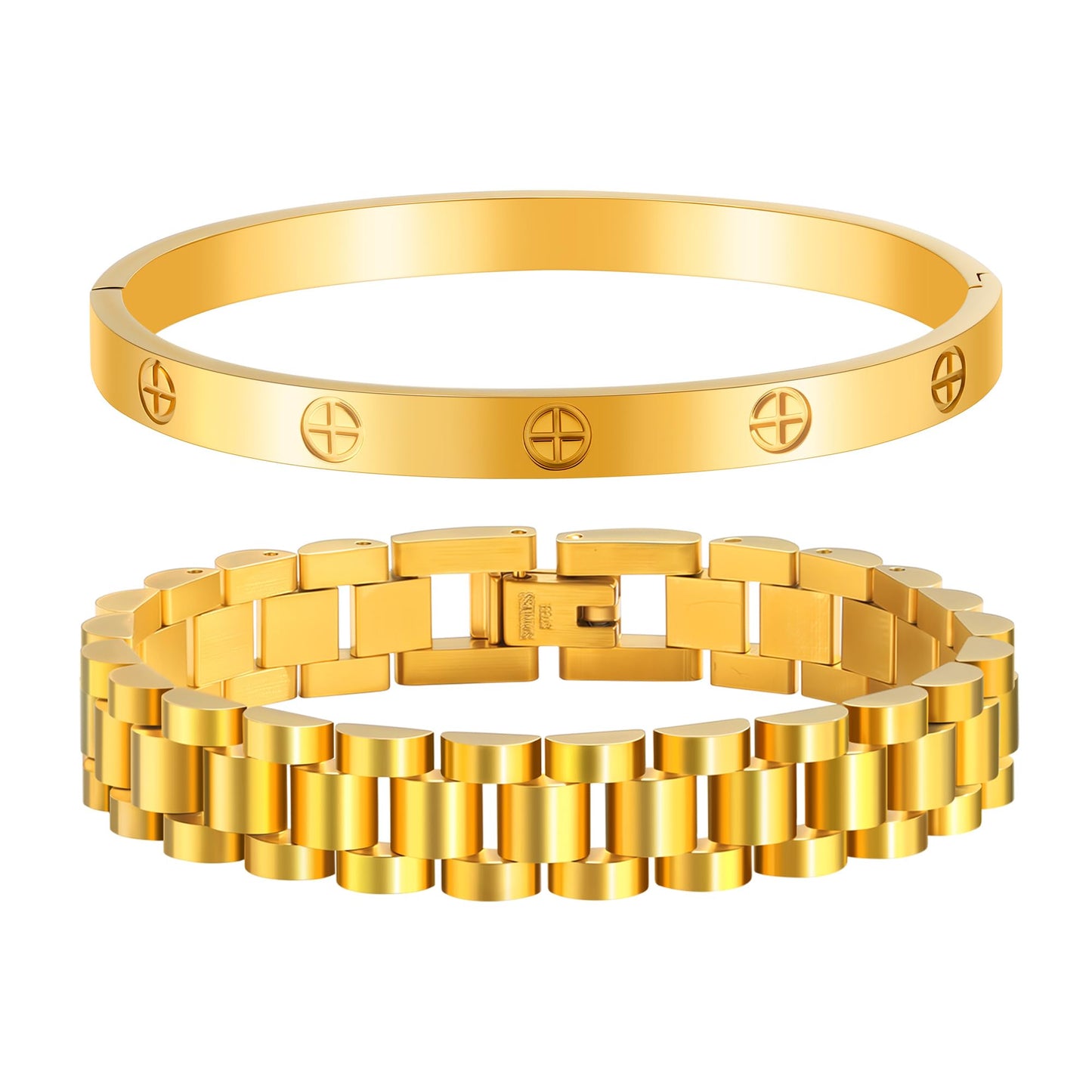 2PCS Gold Chain Link Watch Bracelet Set,18K Gold Plated Stackable Bracelets for Women,Stainless Steel Jewelry with Adjustable Tool, Non-Tarnish Friendship Love Bracelet Gift for Her. (2pcs-B Gold)