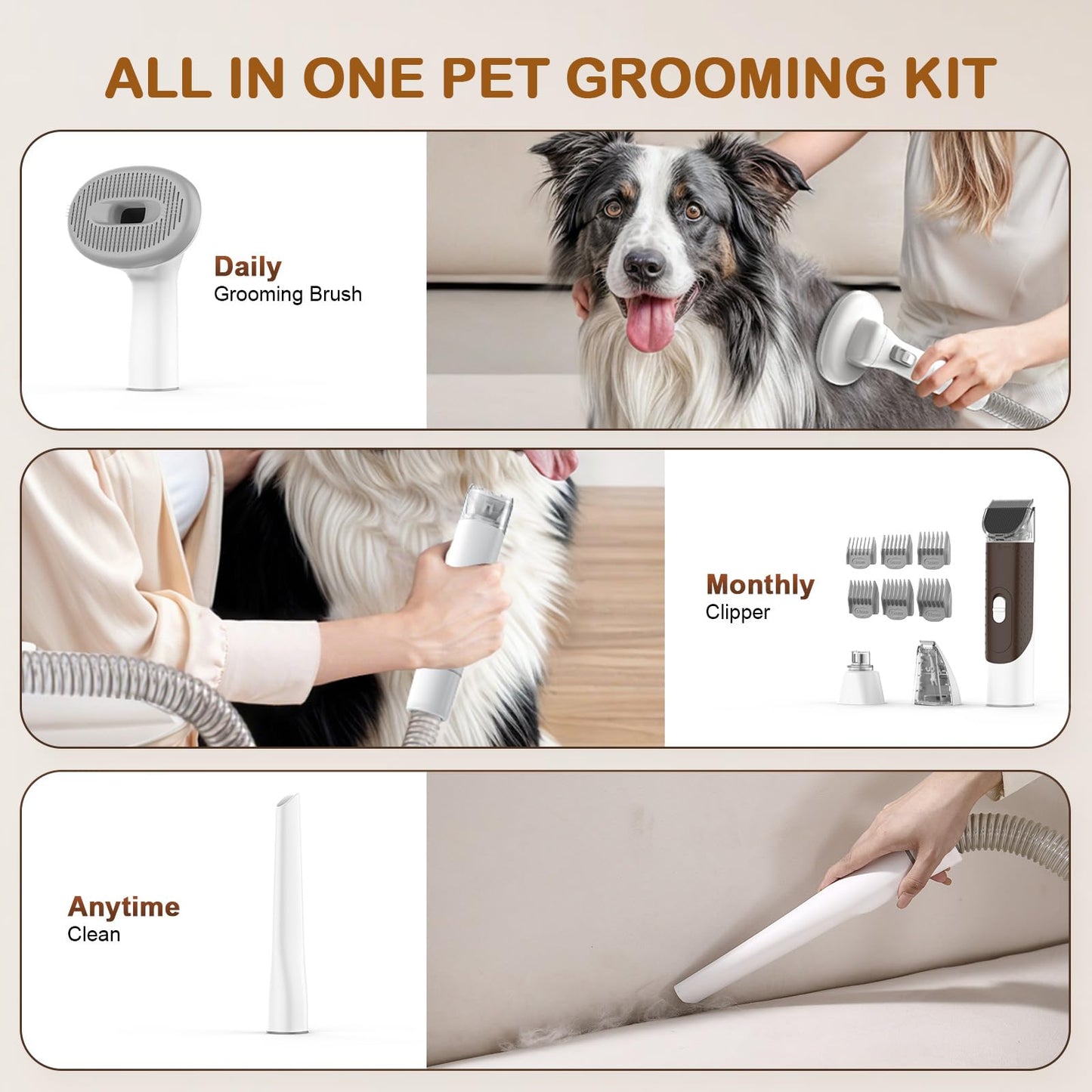 Ozumek Dog Grooming Vacuum, Dog Grooming Kit with Pet Clipper Nail Grinder, 6 Pet Grooming Tools (Caramel)