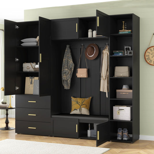 Amposei 94.49’’W Extra Large Hall Tree Cabinet with 6 Doors & 3 Drawers, Tall Entryway Organizer Shoe Storage Bench with 4 Coat Hooks & 6 Open Cubbies for Hallway Mudroom Living Room, Black