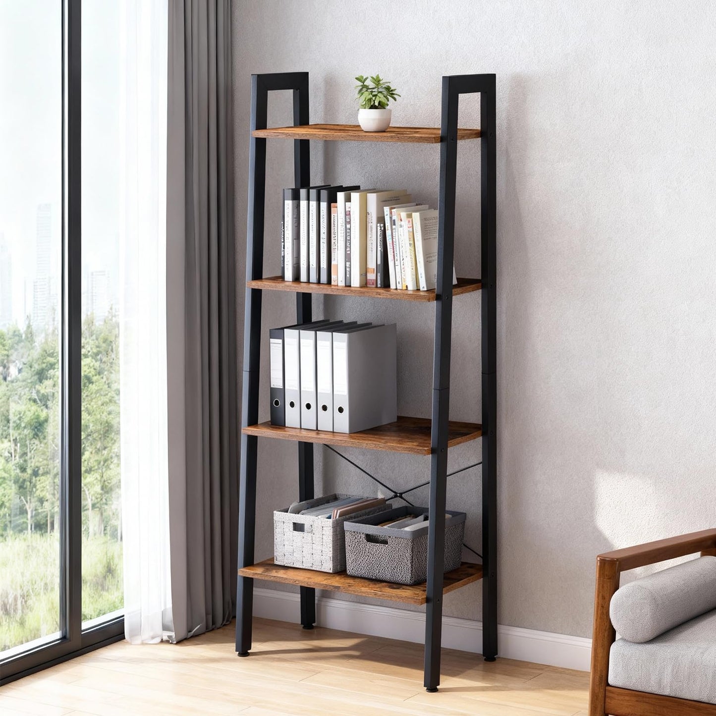 DUMOS Ladder Shelf, 4-Tier Display Bookshelf, Industrial Style Storage Standing Shelf, Decorative Shelves with Stable Frame for Living Room, Bedroom, Office, Kitchen, Bathroom, Brown