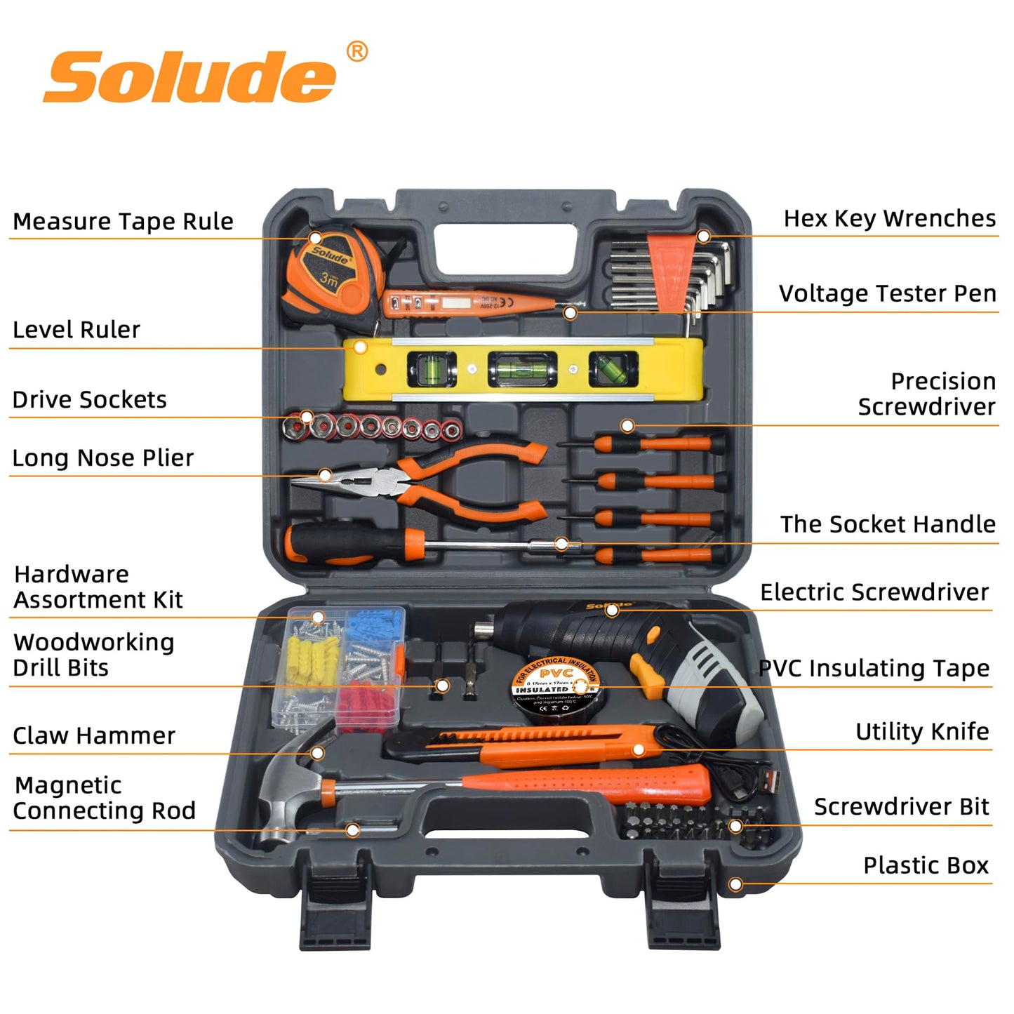 SOLUDE 130-Piece Home Tool Kit with 3.6V Electric Screwdriver,Basic Household Tool Set for New Home,Apartment,College Dorm and DIY Projects