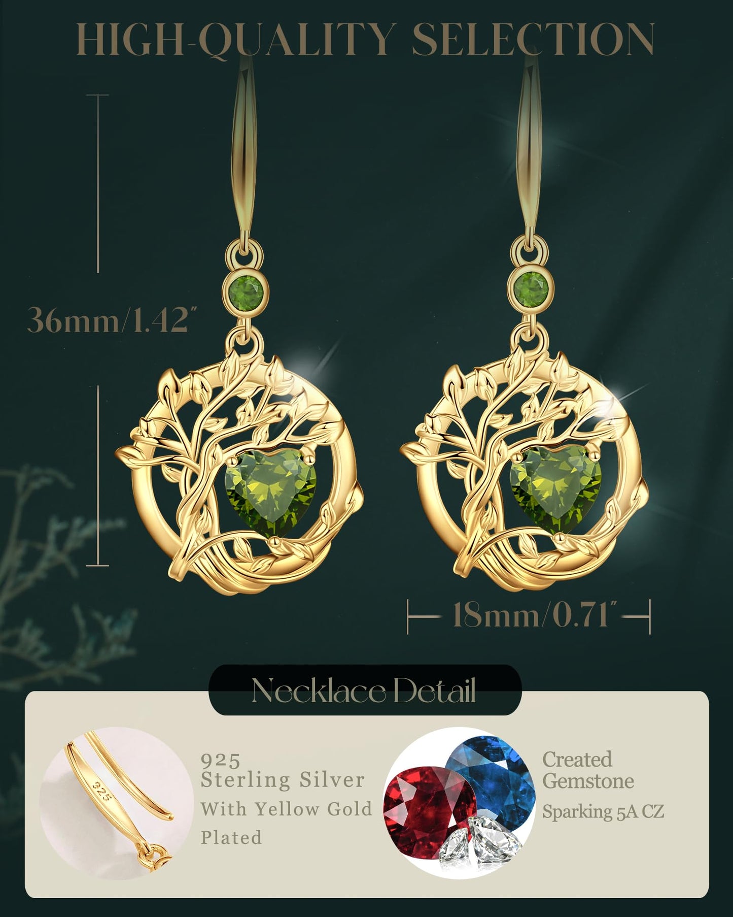 FANCIME Tree of Life Earrings 925 Sterling Silver Yellow Gold Plated Peridot Dangle Drop Green Gemstone Earring August Birthstone Fine Jewelry Birthday Mothers Day Gifts for Women Her