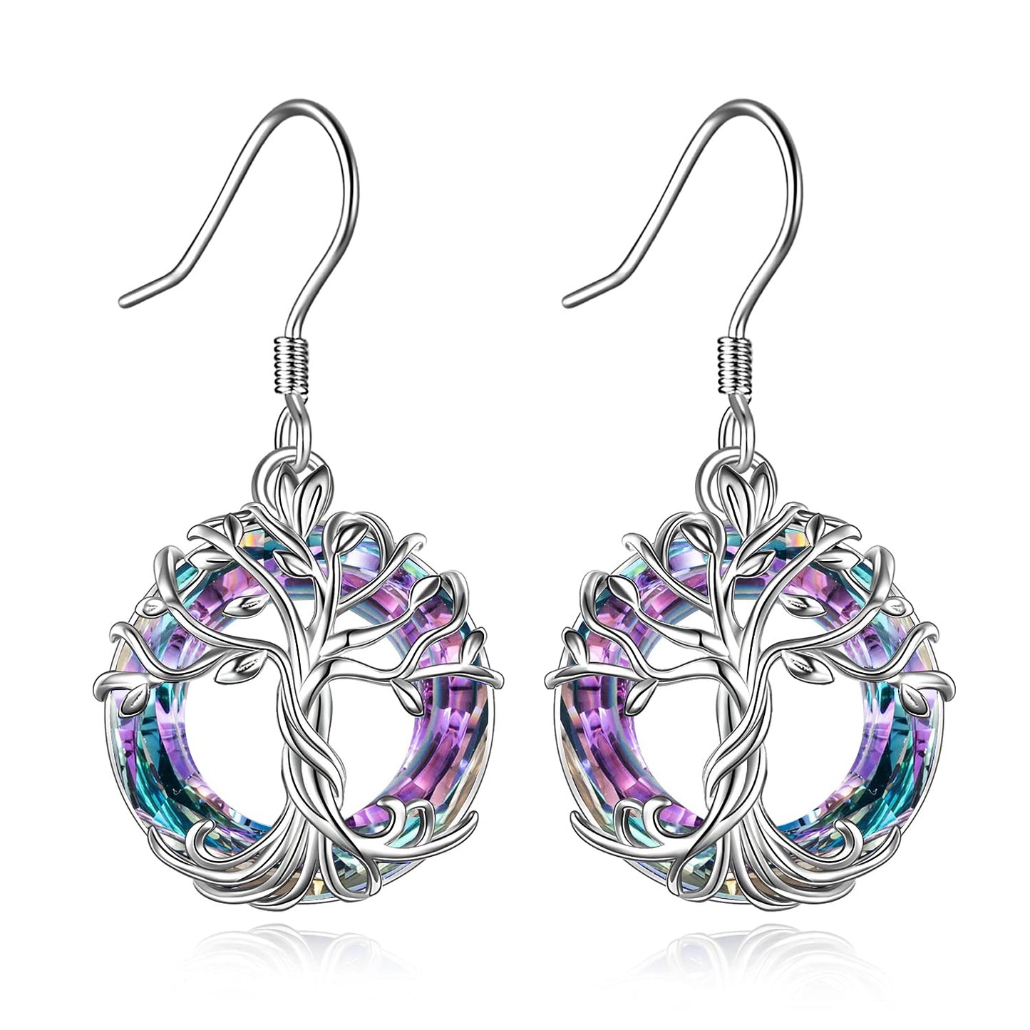 TOUPOP Tree of Life Earrings for Women Sterling Silver Family Tree Drop Dangle Earrings Purple Circle Crystal Jewelry Birthday Mothers Day Gifts for Women Mom Her