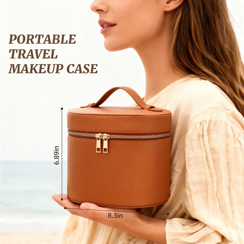 MaqSacion Makeup Bag Vanity Case for Women Leather Cosmetic Bag Makeup Organizer Case Portable Travel Toiletry Bag With Removable Compartments and Handle - Brown