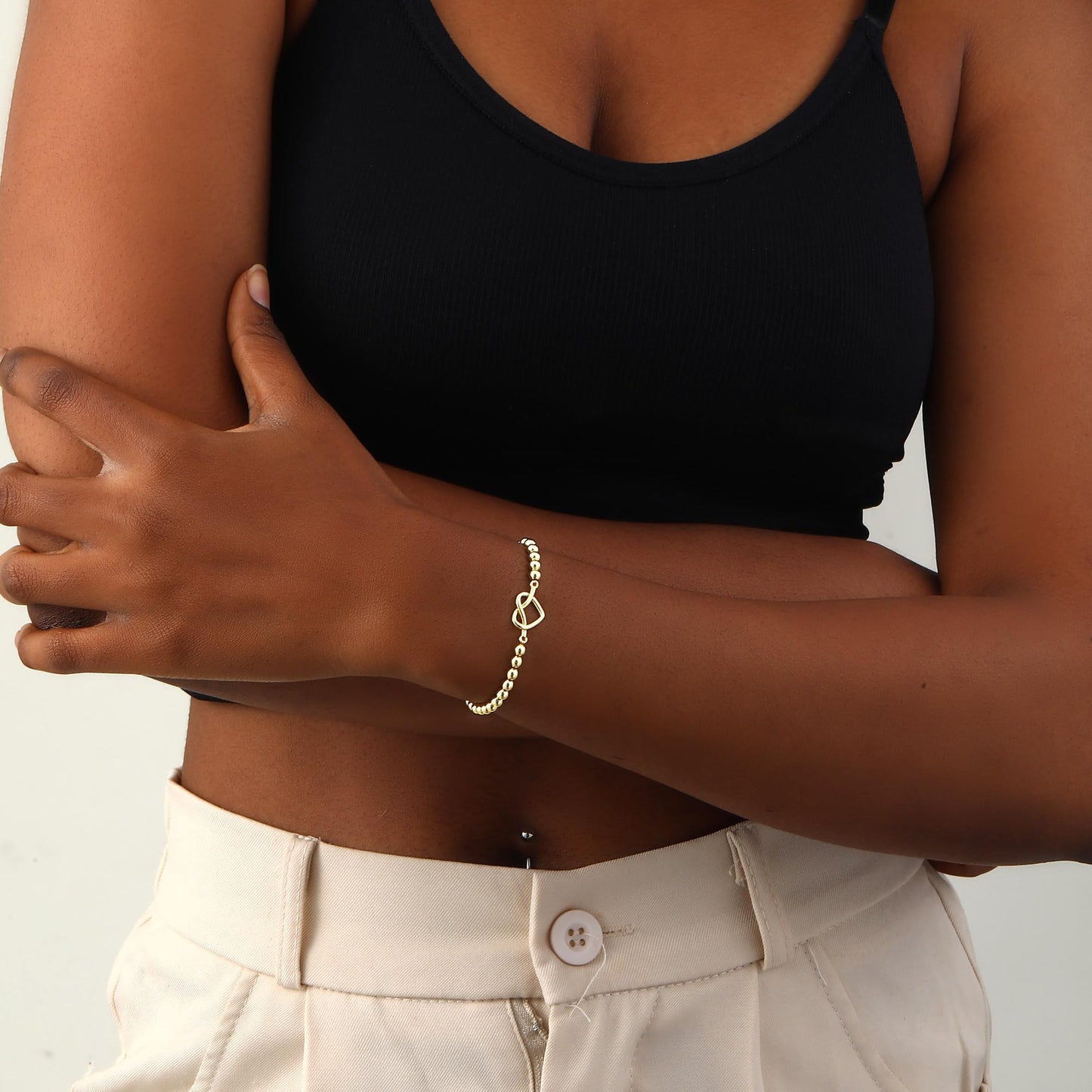 Beaded Bracelets for Women 14K Silver Gold Plated Stretch Handmade Ball Bracelets Cute Charm Bracelet Dainty Stackable Cross Heart Bow Wave CZ Circle Trendy Jewelry Easter Gifts (knot-heart)