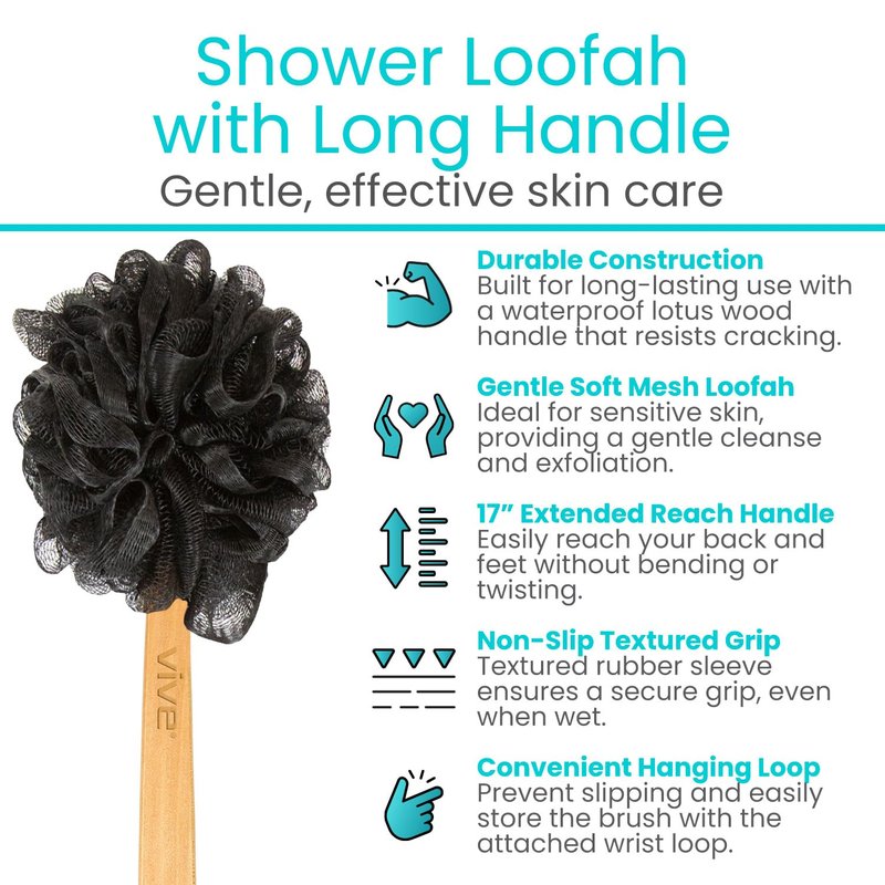 Vive 17” Shower Loofah with Long Handle - Exfoliating Back & Body Scrubber for Men & Women - Luffa Sponge on a Stick for Bathing, Cleaning - Includes Extra Handheld Lufa, Hook & String to Hang on Wall