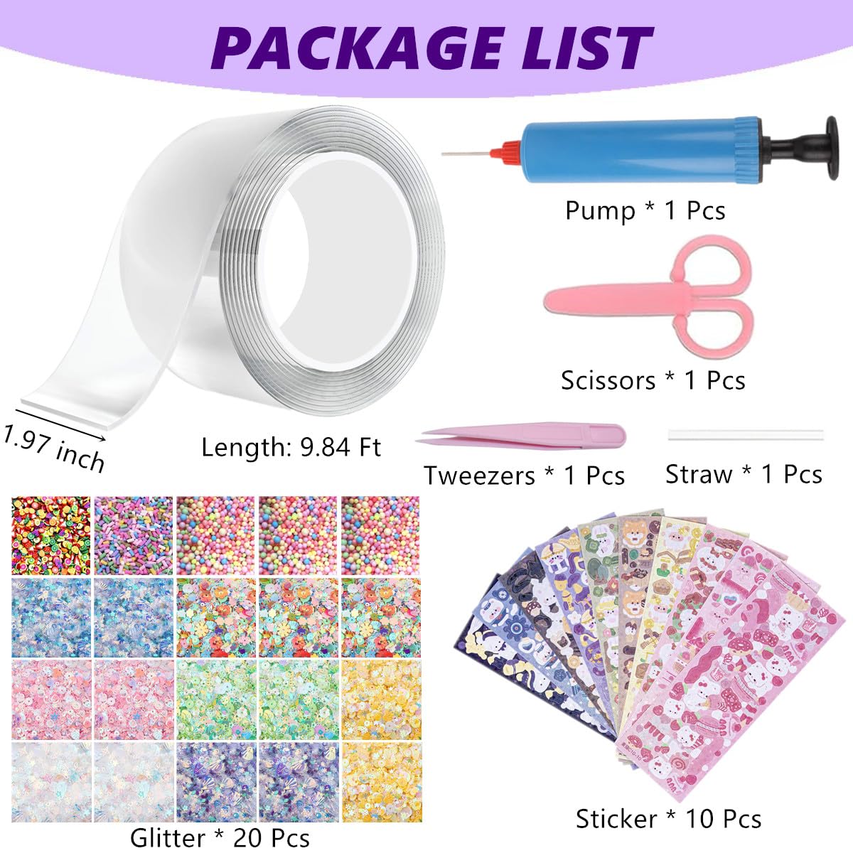 40 Pcs Nano Bubble Tape Kit with Balloon Inflator, Double Sided Tape Plastic Bubbles Balloon, Elastic Nano Bubble Tape DIY Craft Kit for Girls, Boys, Kids Party Favors and Novelty Toys