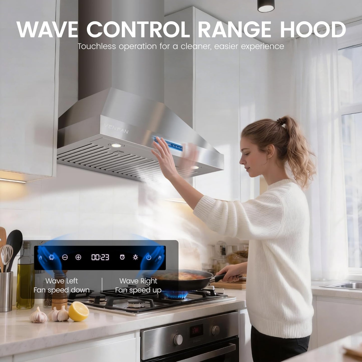 VENFAN 1200 CFM Wall Mount 30 Inch Range Hood – Stainless Steel Kitchen Vent Hood with Gesture Control, 8-Speed Fan, Delay Shut-Off Timer, Ducted/Ductless Convertible, Charcoal Filter Included
