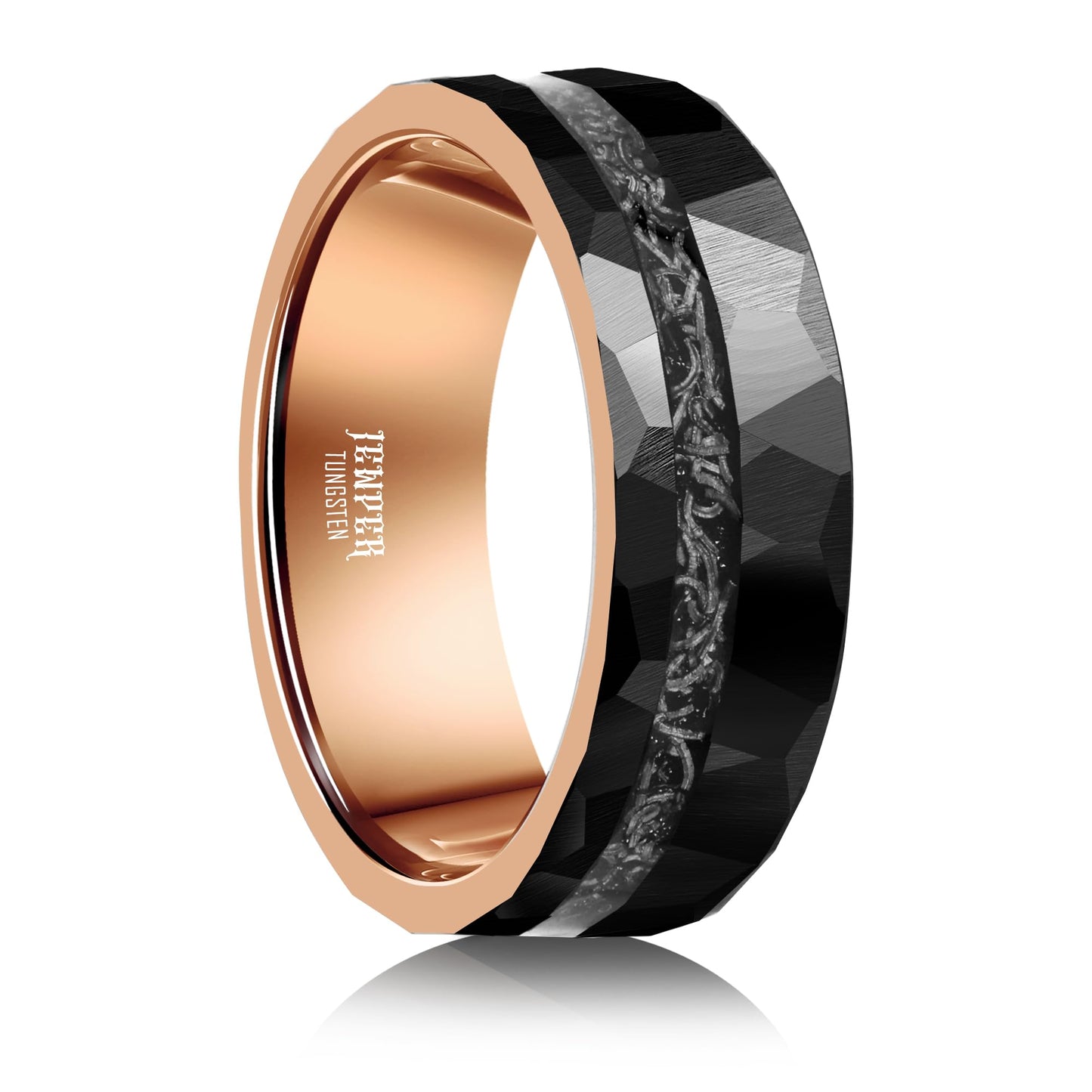 JEWPER 8mm Men Womens Wedding Band Tungsten Rings black rose gold Hammer pattern Fashion Promise Carbide Inlaid Iron Filings Matte Finish Edge Comfort Fit size(10)