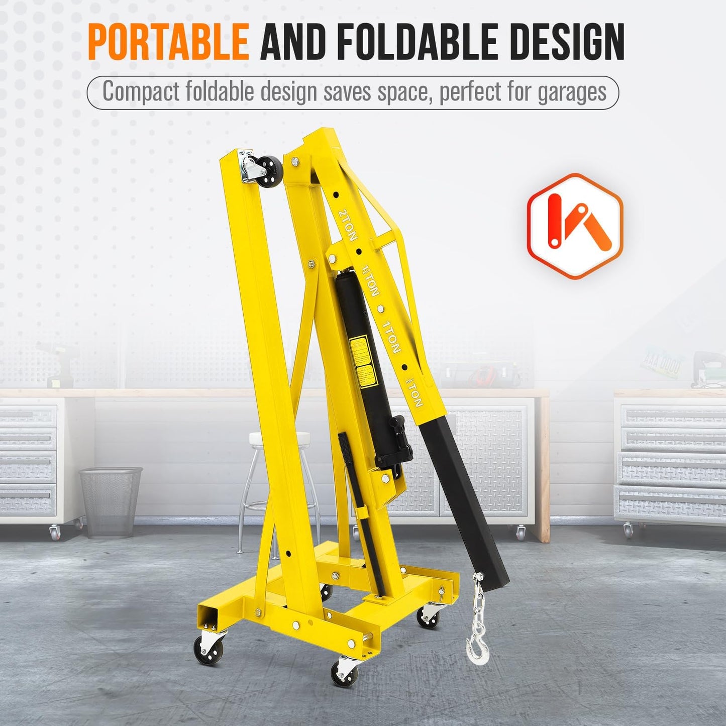 2-Ton Folding Hydraulic Engine Hoist, 4400 LBS Portable Engine Shop Crane with 6 Casters & Telescopic Boom, Foldable Cherry Picker Hoist Lift for Garage, Workshop, Warehouse, Heavy-Duty, Yellow