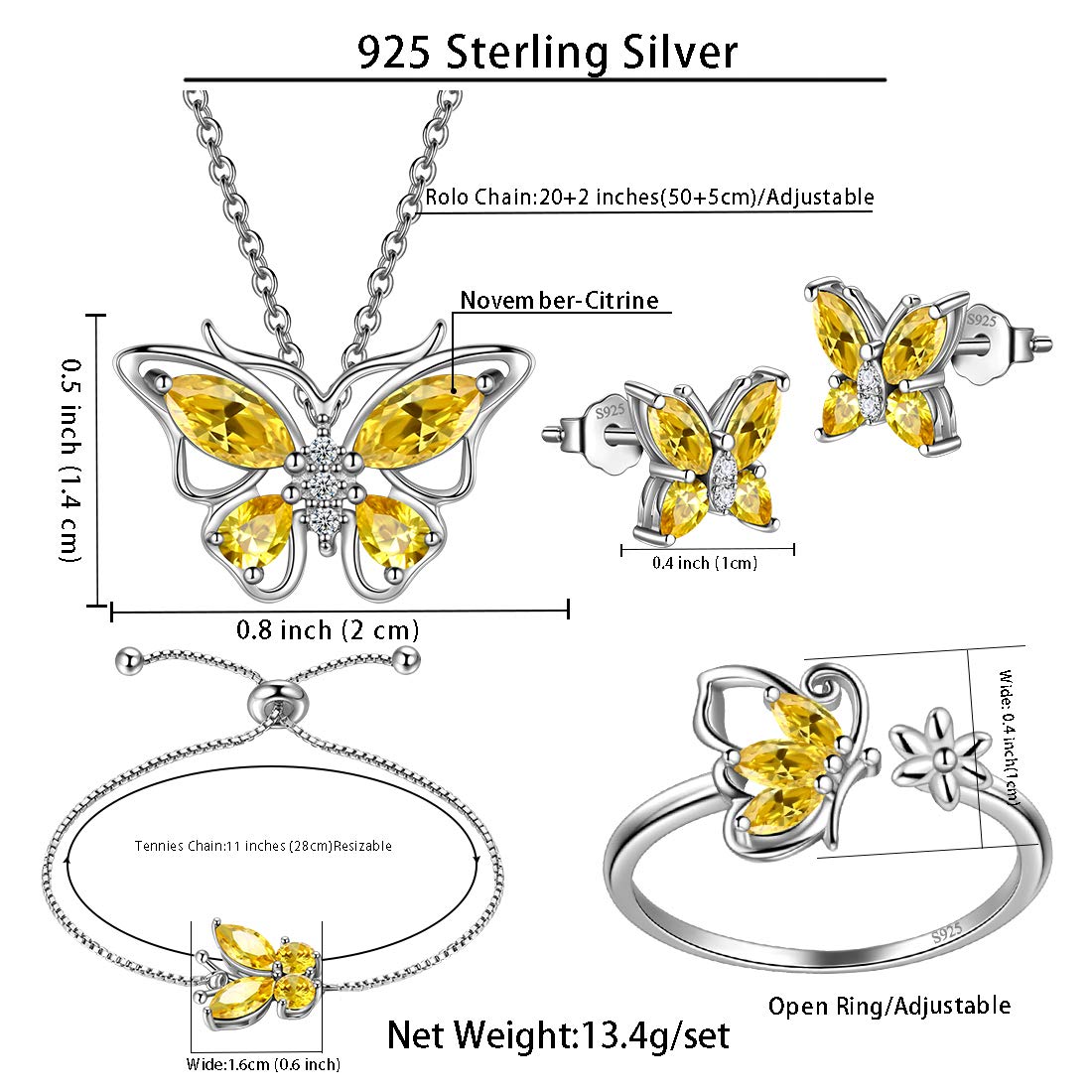 Hipunk Butterfly Yellow Jewelry Sets Birthstone Women 925 Sterling Silver November-Citrine Birth Stone Animal Butterflies Jewelry Sets/Earring/Ring/Bracelet Set Crystal Birthday Jewelry SS0003N