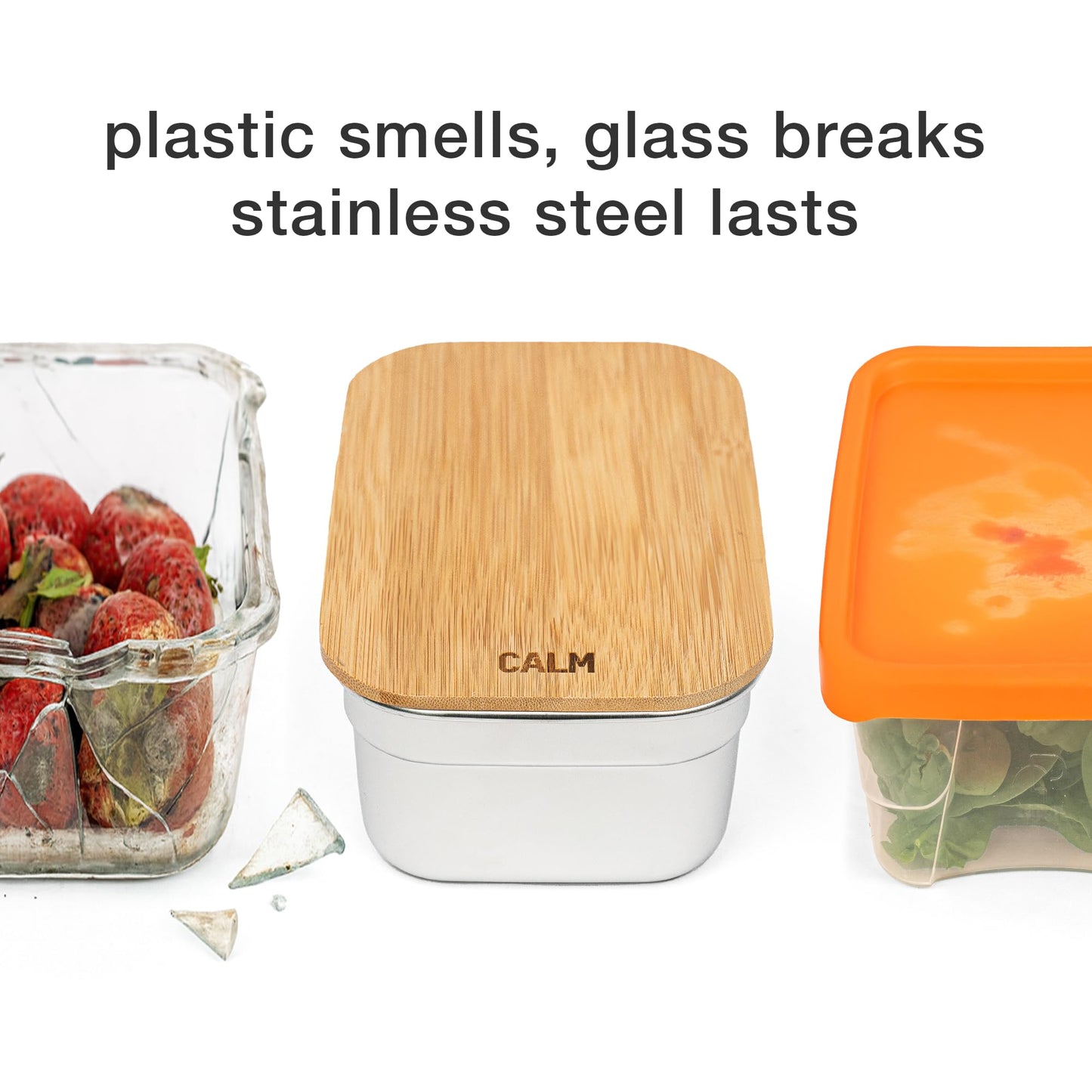Calm Organics Stainless Steel Food Containers with Bamboo Cutting Board Lids | Set of 3 Reusable Meal Prep Boxes | Airtight Leak-Resistant | Dishwasher Safe | BPA-Free | 2, 4, 6 Cup Sizes