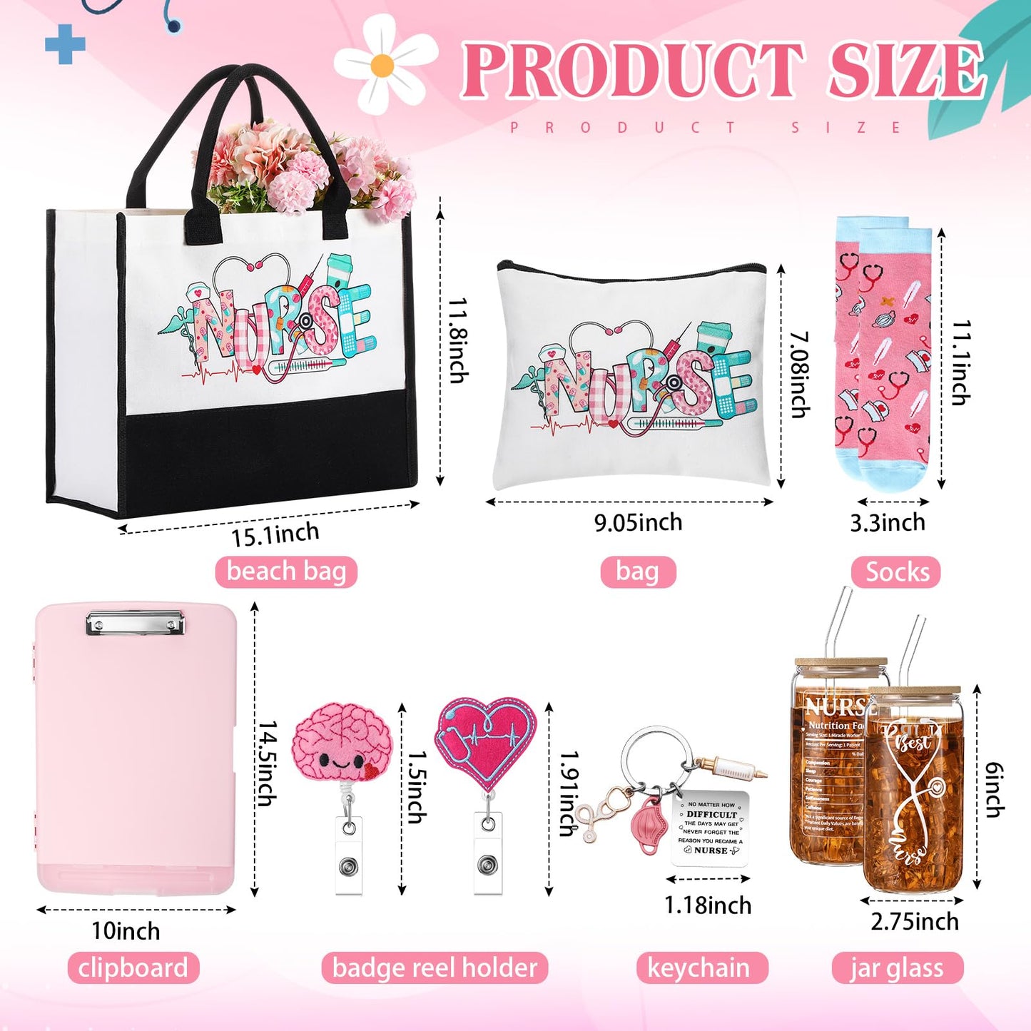 Zopeal Nurse Appreciation Gifts for Women Nursing Gifts Bulk Includes Badge Holder Reel, Tote Bag, Makeup Bag, Socks, Keychain, Cup, and Clipboards(Pink)