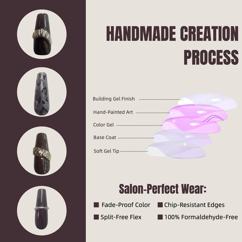 30PCS Handmade Press-On Nails – Long Coffin Dark Brown Leopard with Gold Accents – No Size Measuring Needed – Luxury Gift Set with Glue, Tools & Acrylic Box – Reusable Nail Kit for Women