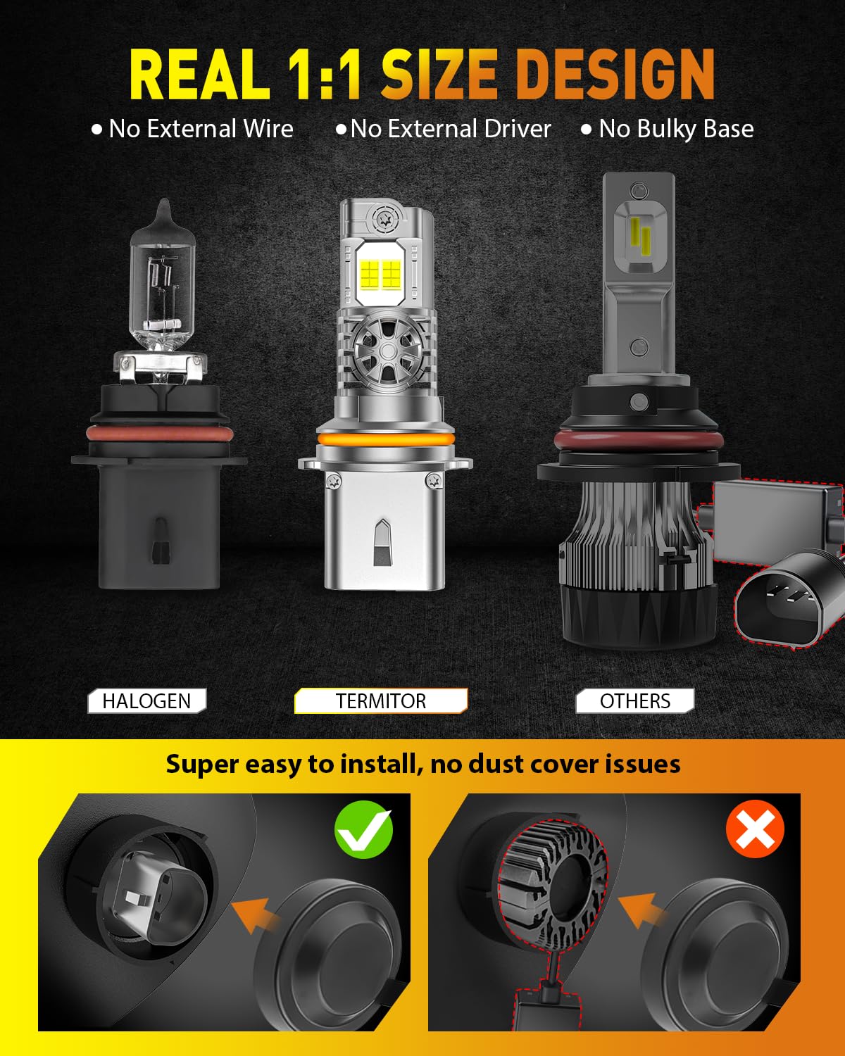 Termitor Latest Upgraded 9007 HB5 Light Bulb high/low beam, 50000LM 1000% Super Bright, 70000+ Hours Service Life, 6500K Cool White, 1:1 Halogen Replacement Light Bulbs, Plug N Play, Pack of 2