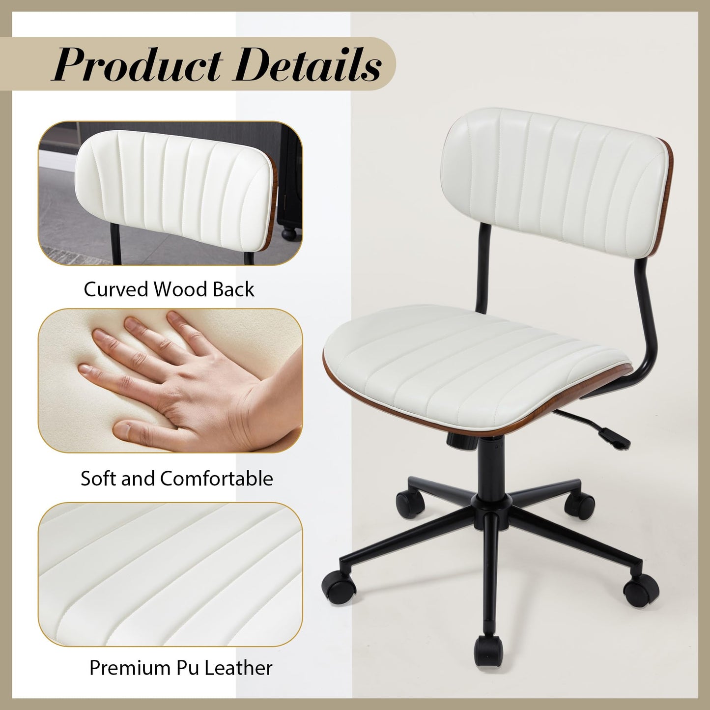 Fashionom Modern Walnut Home Office Chair，Adjustable Height Desk Chair with Wheels，Armless Computer Chair for Office, Reading Meeting Room, White