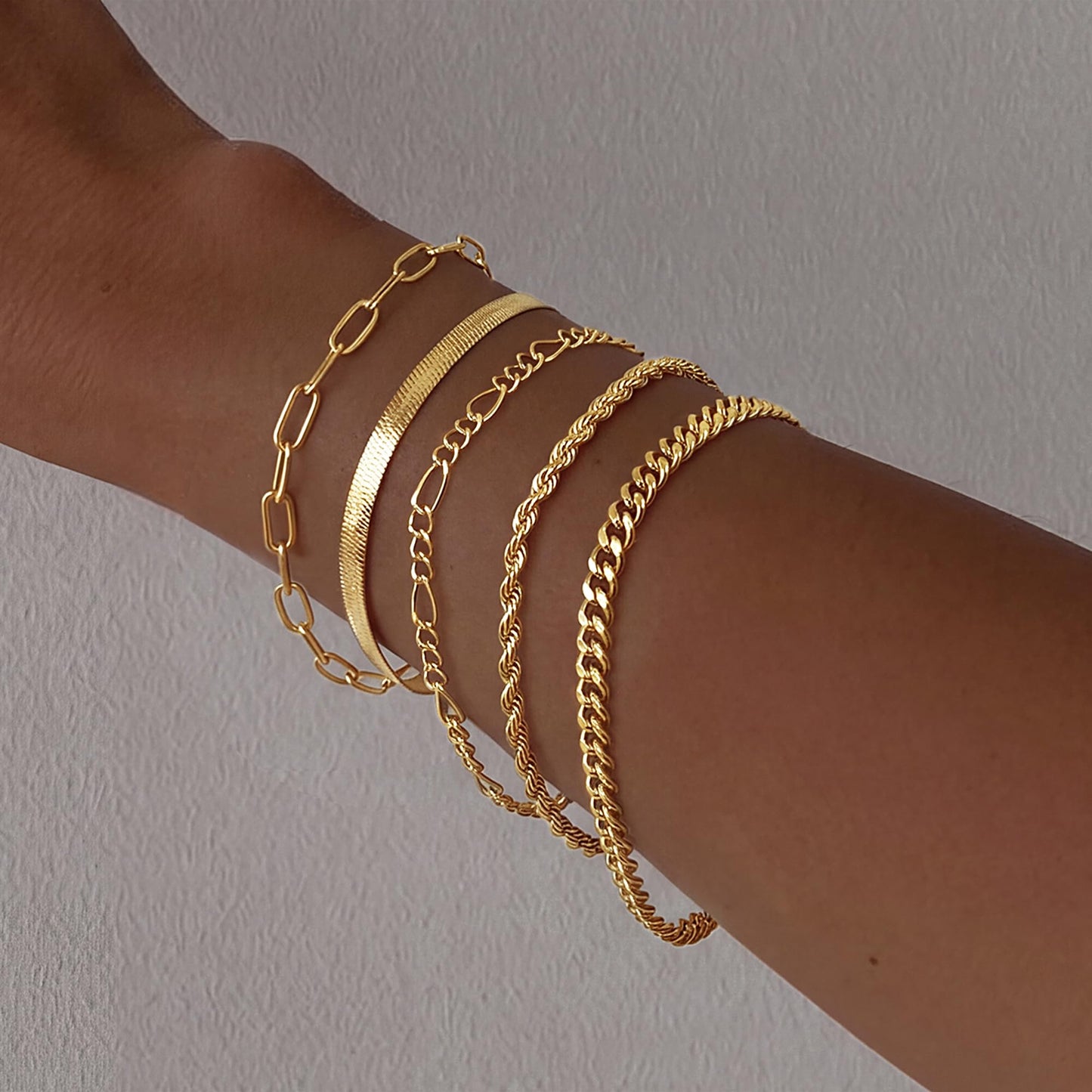 DEARMAY 14K Gold Plated Bracelets for Women Trendy Gold Jewelry Set for Women Cuban Link Chain Figaro Paperclip Rope Herringbone Bracelet Pack Gifts