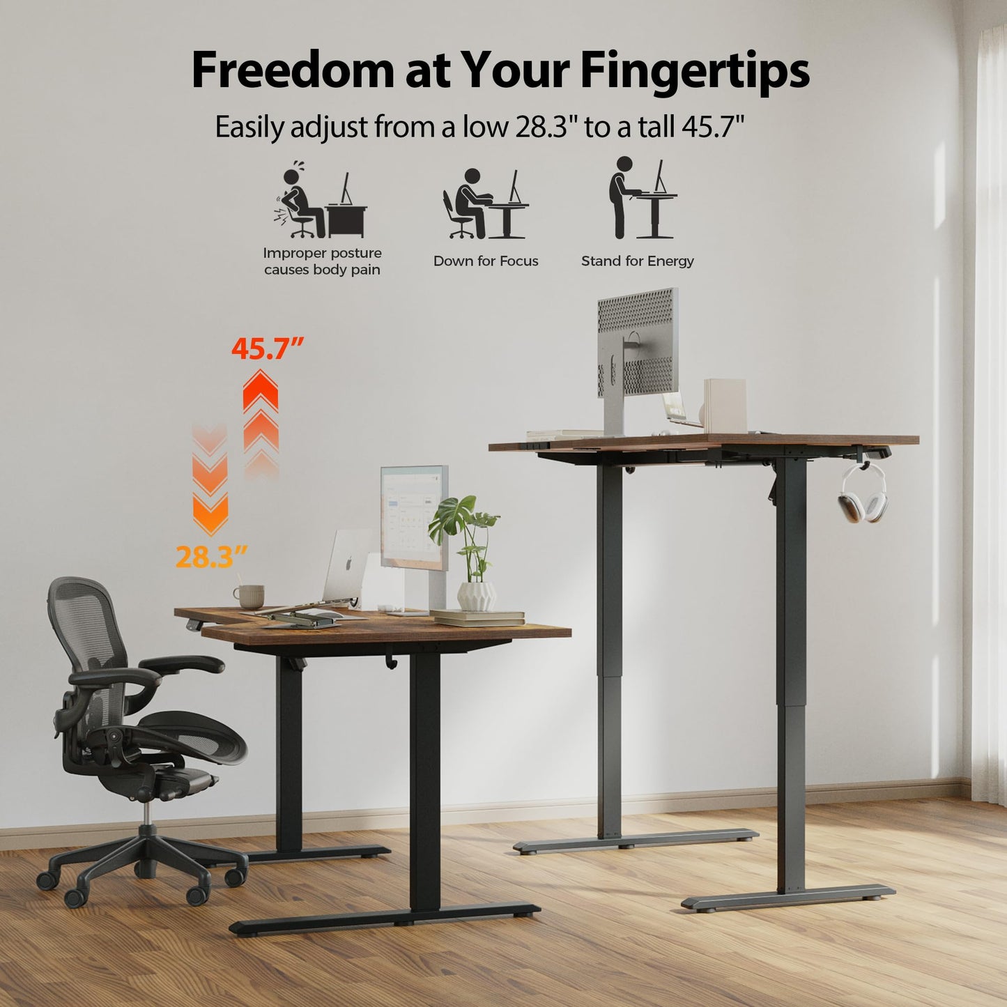 Agilestic Electric Standing Desk, Height Adjustable Desk, 55 x 32 Inch Sit Stand up for Work Office Home, L Shaped Ergonomic Rising Computer Table with Memory Preset, Rustic Brown