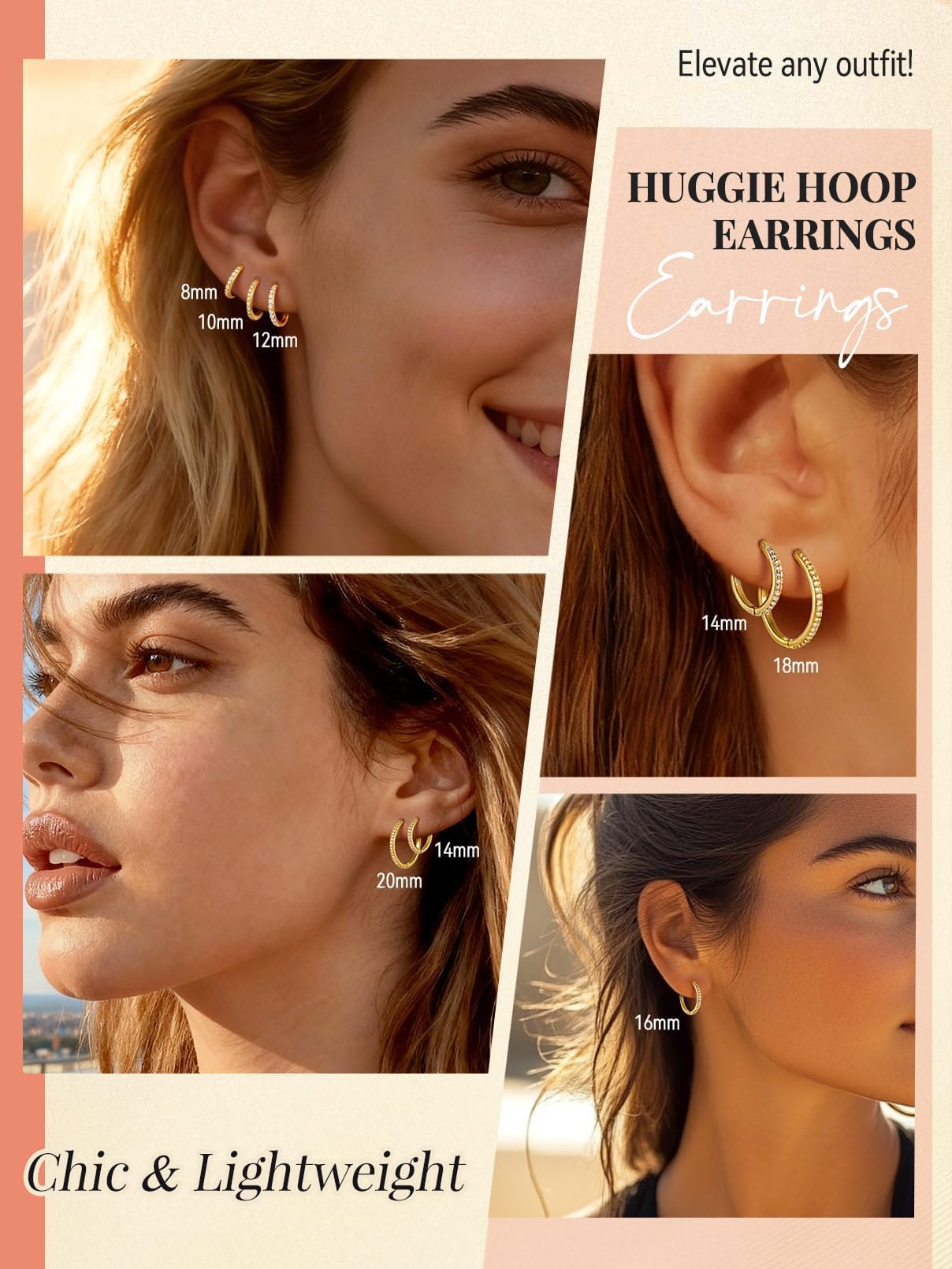 FaithHeart Cubic Zirconia Hoop Earrings for Women, 14K Gold Hypoallergenic Huggie Hoop Earrings, Small Cartilage Earrings for Women 18mm, Send Gift Box