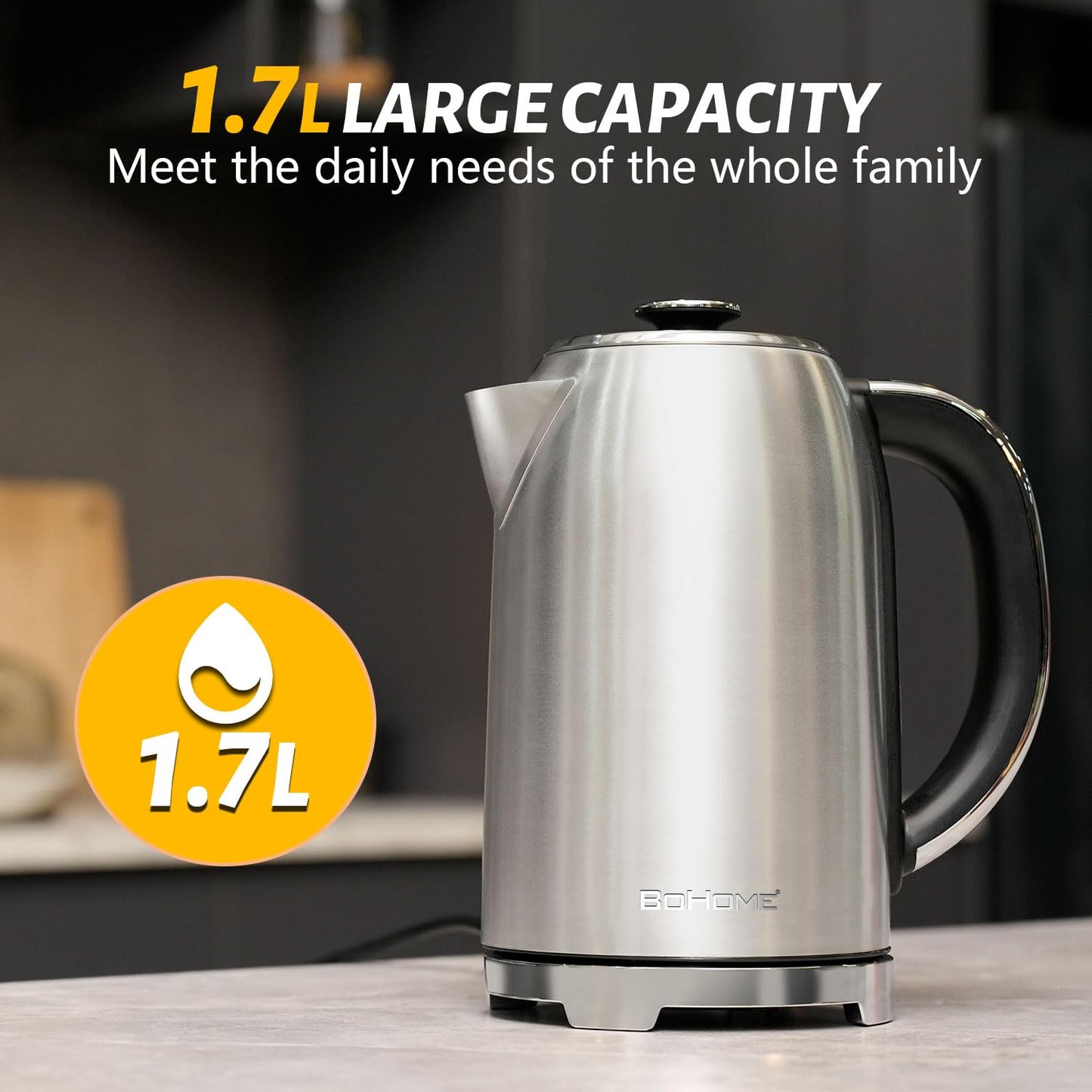 BOHOME Electric Kettle, 1.7L/1500W, Stainless Steel, Digital Touch Panel, Keep Warm Function, Auto Shutoff, BPA-Free, Hot Water Kettle for Coffee & Tea, No Plastic Contact with Water (Black)