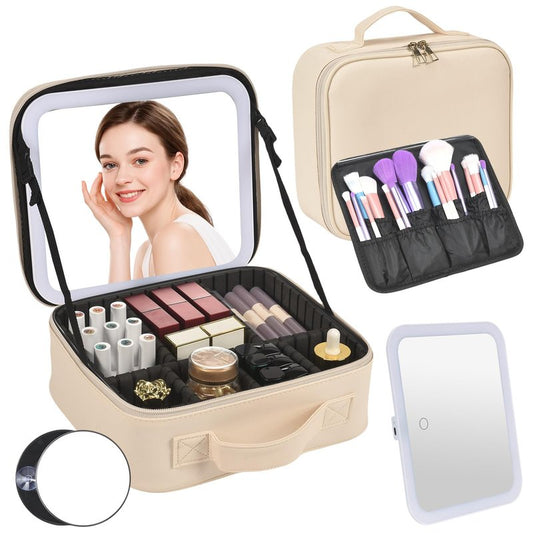 Yaliang Travel Makeup Bag, Portable Makeup Case with LED Mirror, Removable Mirror with 3 Color Modes, 8 Adjustable EVA Dividers for Brushes Toiletry Jewelry Digital Accessories, Off White