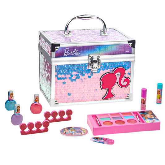 Barbie Makeup Set for Kids Girsl with Train Case, Includes Nail Polish, Lip Gloss and more, Kids Makeup Kit for Girls, Play Makeup, Party Favor, Birthday, For Kids Ages 3+, by Townley Girl