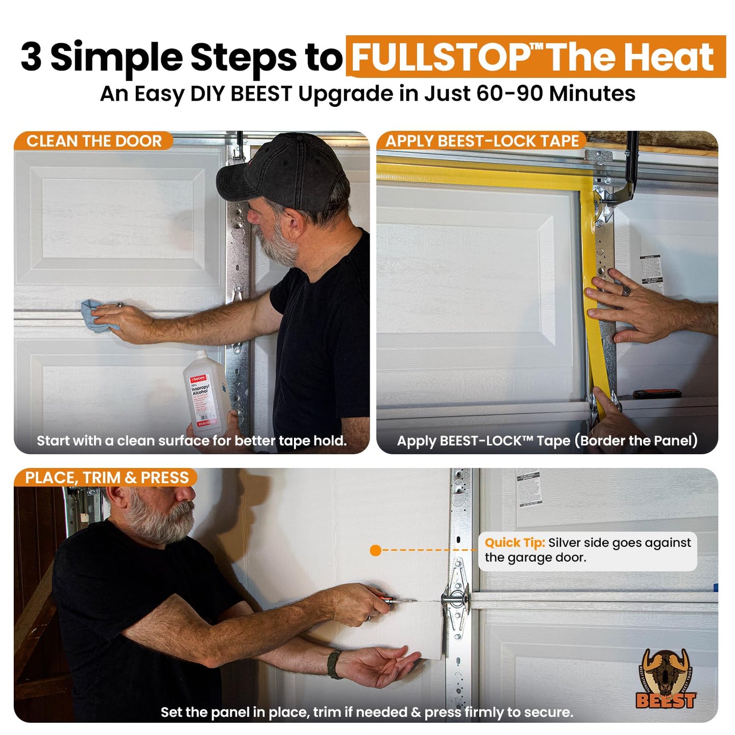 BEEST FULLSTOP Garage Door Insulation Kit - 8x8 & 8x7 ft Single Garage Door Insulation Panels - 8 Pre-Cut 24x48 Foam-Core Panels w/ Tape, Cutter & Squeegee - Easy DIY for Instant Temperature Control