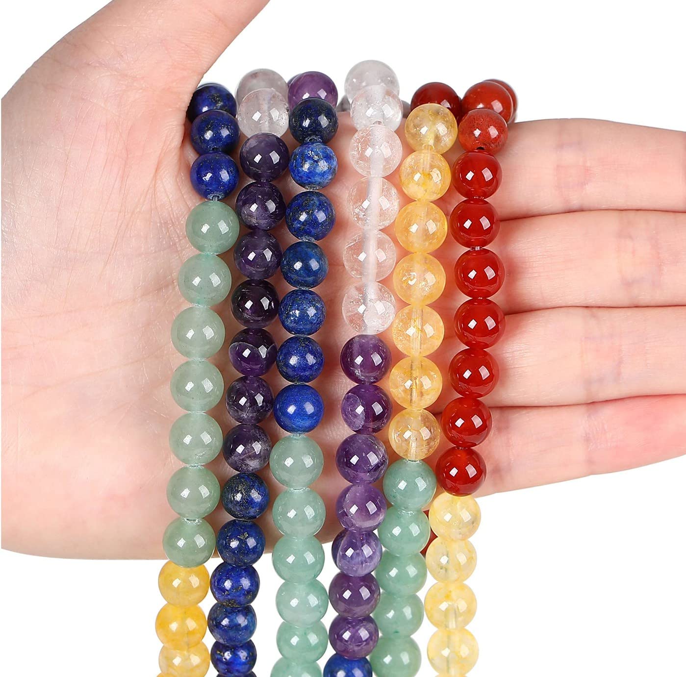 LAIDANLA 7 Chakras 8mm Natural Colorful Stone Beads Round Loose Gemstone Stone Beads for DIY Bracelet Necklace Earrings Jewelry Making Polishing Genuine Real Beading Crystal 96PCS 2 Strand 32"