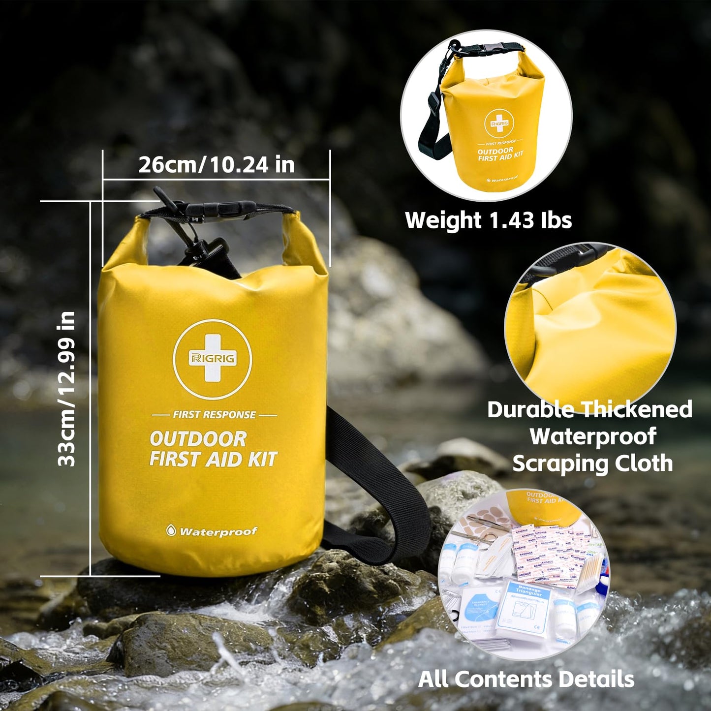 RIGRIG Waterproof First Aid Kit 186 Pcs Survival Gear, Portable Small Boat Dry Bag Bug Out Bags, Emergencies Medical Kit Ideal for Boating, Fishing, Hiking, Camping, Kayaking (Yellow)
