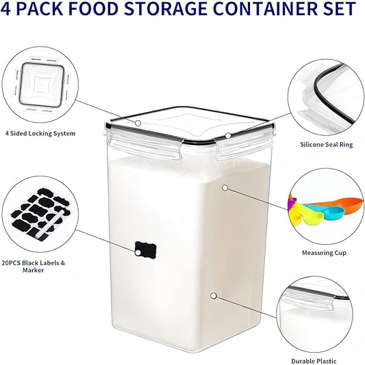2 Pieces 6.5L / 220 oz Large Food Storage Containers, BPA Free Plastic Airtight Canisters for Flour, Sugar, Baking Supplies, Rice with Lids, Measuring Cups and Labels, Black