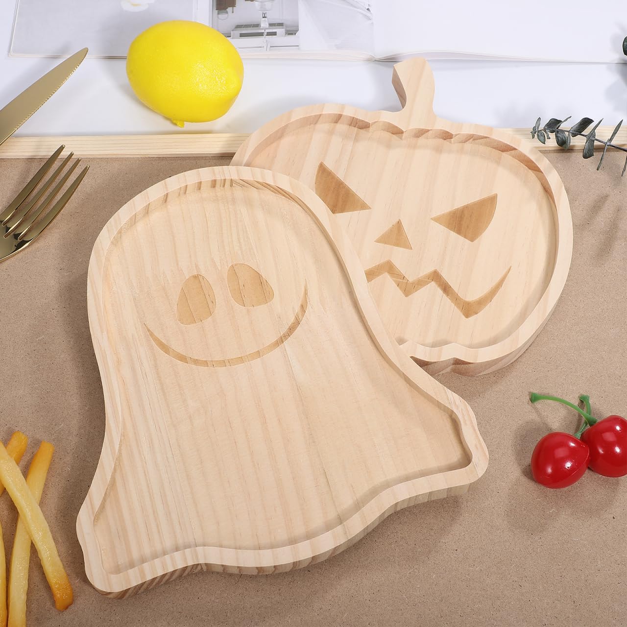 Garneck Halloween Wood Charcuterie Board, 2pcs Pumpkin and Ghost Food Plate Halloween Wood Serving Tray Cheese Platter Tray Appetizer Boards for Holiday Home Party Table Centerpiece Decoration, 7" W