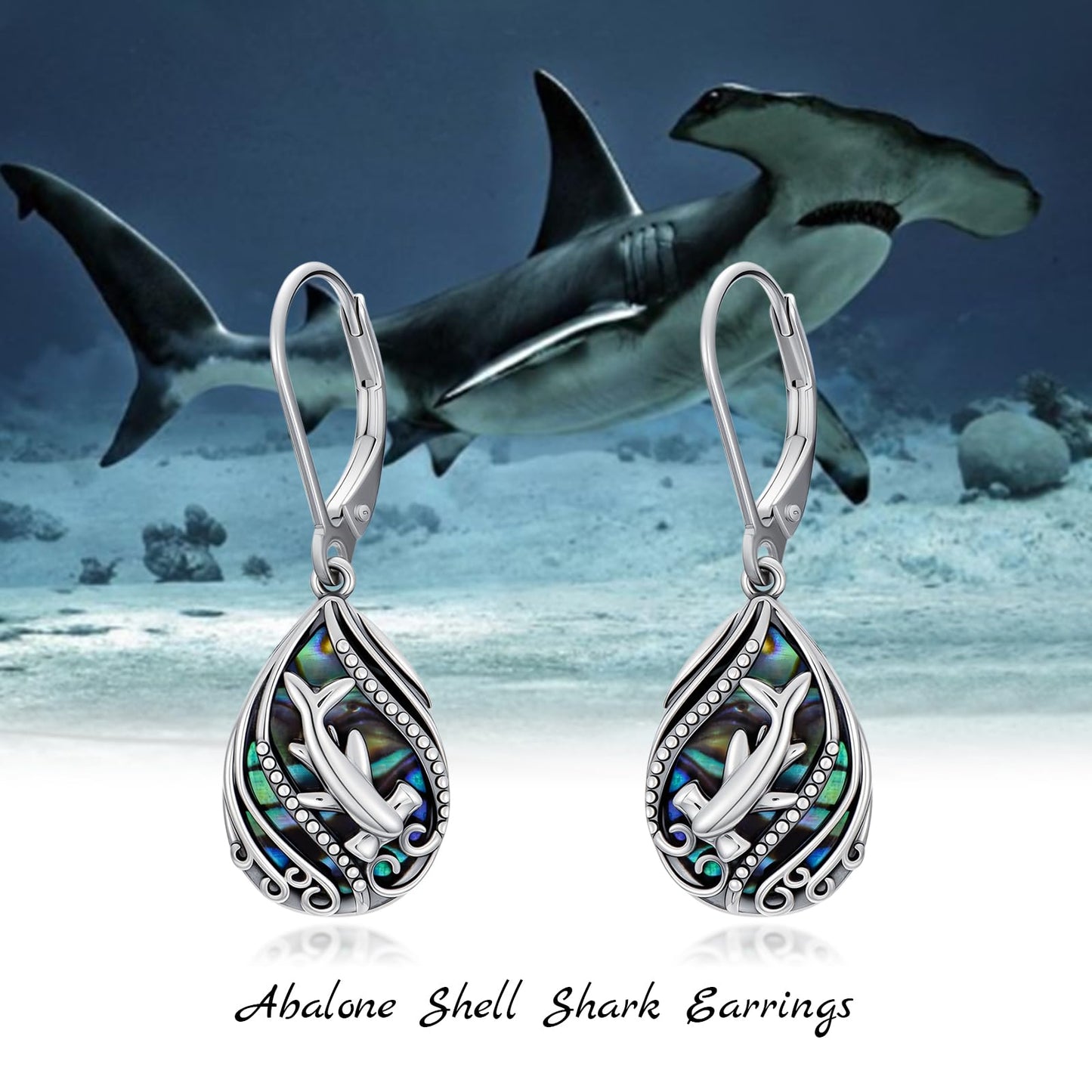 YYmqmq Shark Earrings for Women 925 Sterling Silver Abalone Shell Shark Dangle Earrings Leverback Ocean Jewelry Hammerhead Shark Gifts for Women Girlfriend