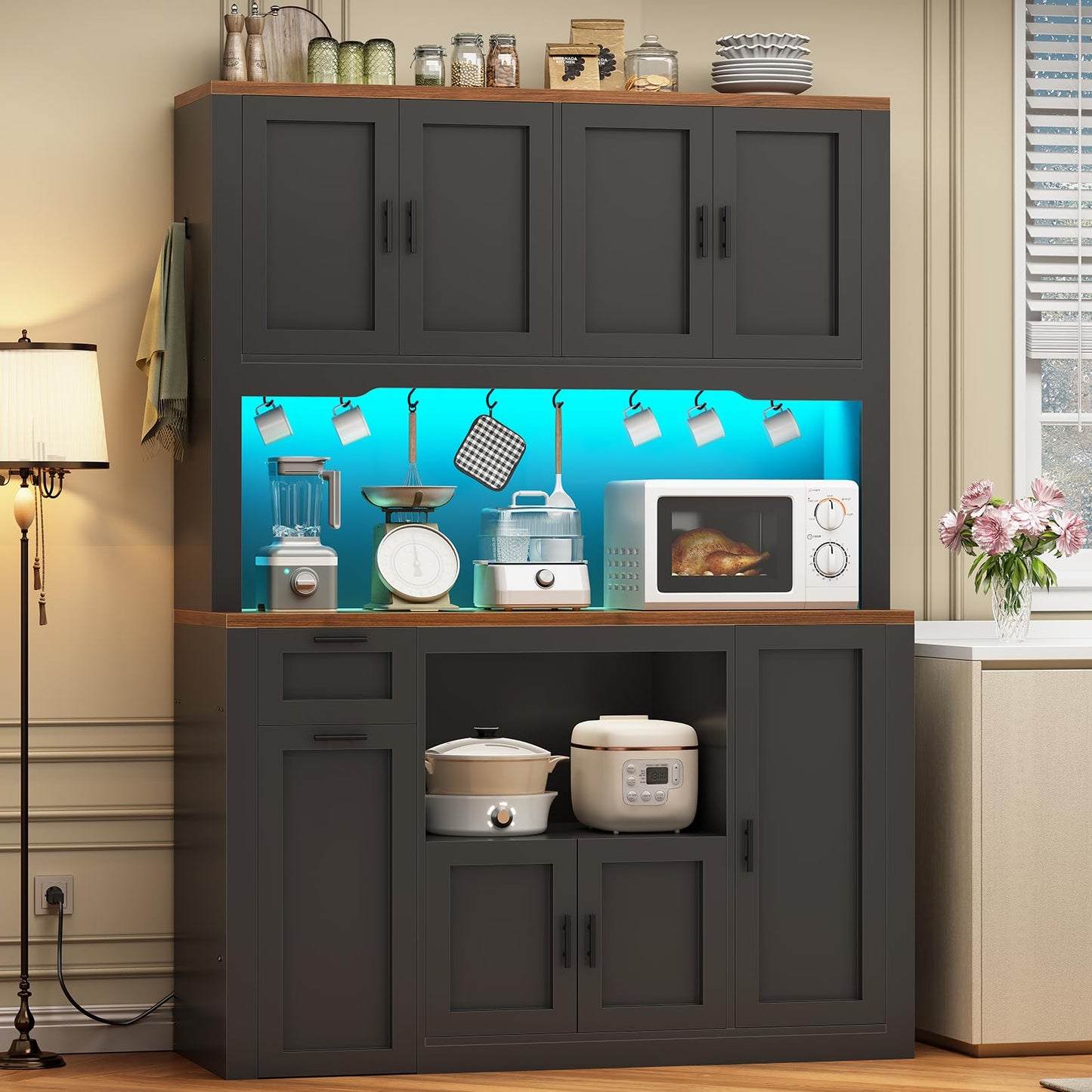 Itaar 71" Pantry Cabinet with Charging Station and LED Light, Kitchen Pantry Cabinet with Microwave Stand, 47.2" Wide Kitchen Storage Cabinets with Storage Cart 3 Tier for Dining Room, Black