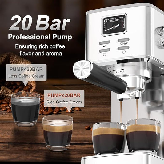 Electactic Espresso Machine 20 Bar, Stainless Steel Coffee Machine with Steam Milk Frother & 47oz Removable Water Tank, Hot Water Function for Home Cappuccino, Latte