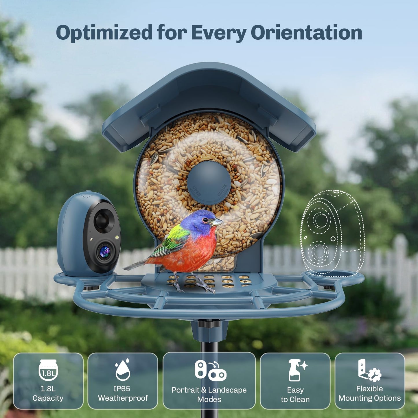 HIXX Smart Bird Feeder with Camera Solar Powered, 2.5K HD Vertical/Horizontal View, Lifetime Free AI Bird Identify, Detachable 1.8L Seed Bin for Easy Cleaning, Wireless Outdoor, Gift for Birding Lover