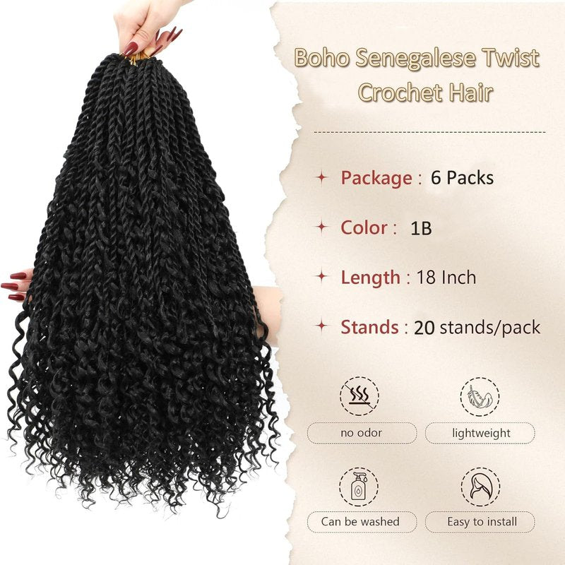 Goddess Twist Braids Crochet Hair With Curly Ends Senegalese Twist Braids Crochet Braids 6 Packs black Crochet Braids Synthetic Braiding Hair Extension for Black Women (18inch, 1B)